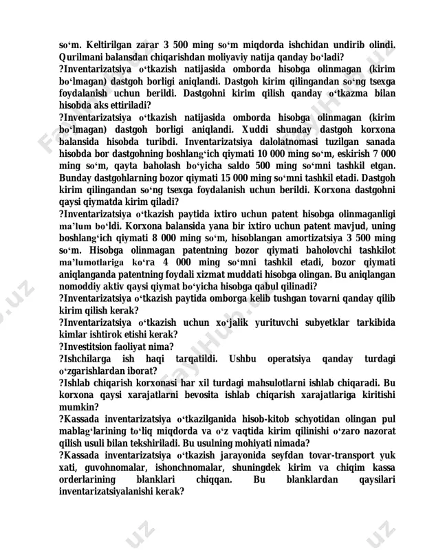 ni qabul qilish to‘g‘risida rahbar buyrug‘i qachon chiqishi kerak? ?hisobot yilida korxona olgan sof foyda buxgalteriya hisobida qanday o‘tkazma bilan aks ettiriladi? ?ijaraga olingan asosiy vositalar inventarizatsiyasi qachon o‘tkazilishi kerak? ?ikkinchi tur o‘zgarish balansning qaysi qismida kuzatiladi? ?ikkinchi tur o‘zgarishiga berilgan ta’rif qaysi javobda to‘g‘ri ko‘rsatilgan? ?inkassatorlarga topshirilgan, lekin hali hisob-kitob schyotiga kelib tushmagan pul mablag‘larining summasi inventarizatsiya jarayonida qaysi hujjatlar asosida tekshiriladi? ?inventarizatsiya – bu nima? ?inventarizatsiya chog‘ida ortiqcha chiqqan tovar-moddiy zaxiralar qaysi schyotning krediti bo‘yicha aks ettiriladi? ?inventarizatsiya jarayonida mol-mulkning mavjudligini kim tekshiradi? ?inventarizatsiya natijasida xom-ashyo ortiqcha chiqishi aniqlangan holda, quyida keltirilgan birlamchi hujjatlardan qaysinisi rasmiylashtiriladi? ?inventarizatsiya nima? ?inventarizatsiya o‘tkazish jarayonida shu narsa ma’lum bo‘ldiki, ilgari o‘zga korxonaga tekinga berib yuborilgan ixtiro uchun patent buxgalteriya hisobidan chiqarilmagan. pantentning boshlang‘ich qiymati – 17 000 ming so‘m, hisoblangan amortizatsiya – 5 700 ming so‘m, qayta baholash o‘tkazilmagan. patentni hisobdan chiqarishdan moliyaviy natija qanday bo‘ladi? ?inventarizatsiya o‘tkazish natijasida kompressor qurilmasining ishdan …
