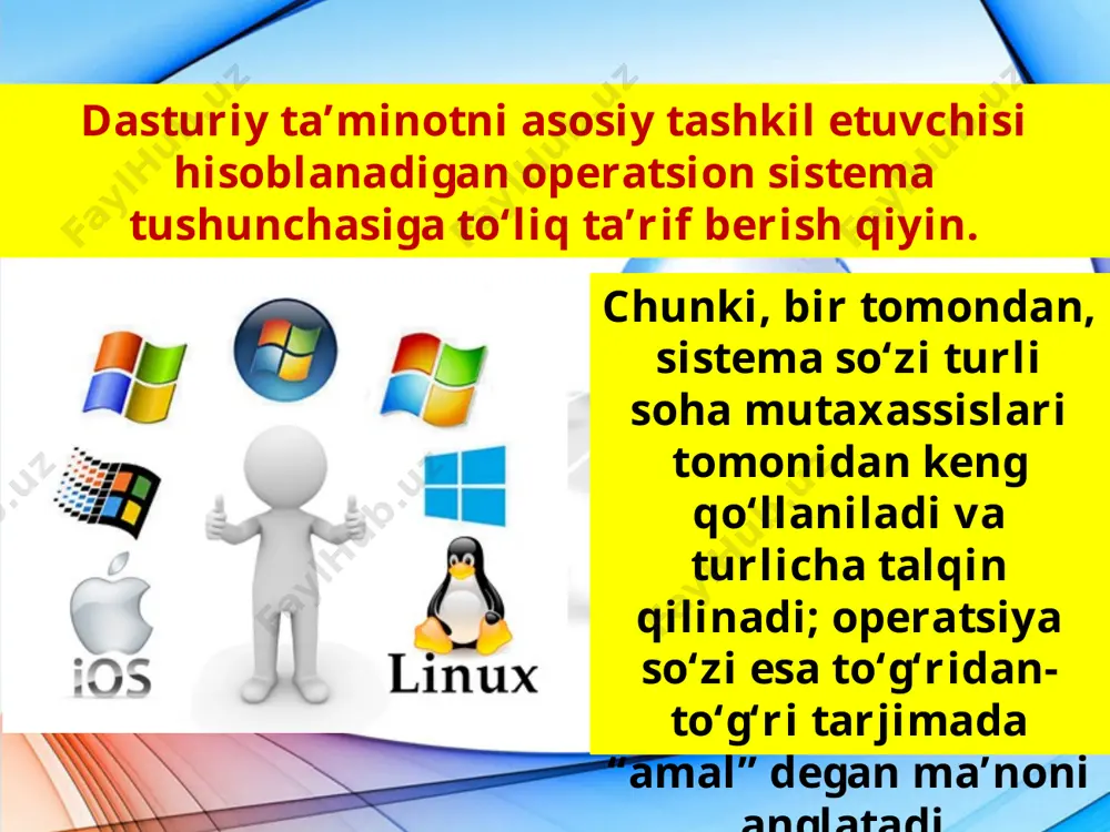 sinflarini yoritib bering. 4. operatsion sistemaning qanday sifatlari bor? 5. operatsion sistemaning ishonchlilik va himoyalash sifatlari deganda nimani tushunasiz? 6. operatsion sistemaning samaradorlik va qulaylik sifatlari nima? 7. operatsion sistemaning asosiy vazifalarini misollar yordamida so‘zlab bering. image3.jpeg image4.jpeg image5.jpeg image6.png image7.png image8.jpeg image9.jpeg image10.png image11.png image12.jpeg image13.jpeg image14.jpeg image15.jpeg image1.jpeg image2.jpeg plantilla trabajo freepik /docprops/thumbnail.jpeg