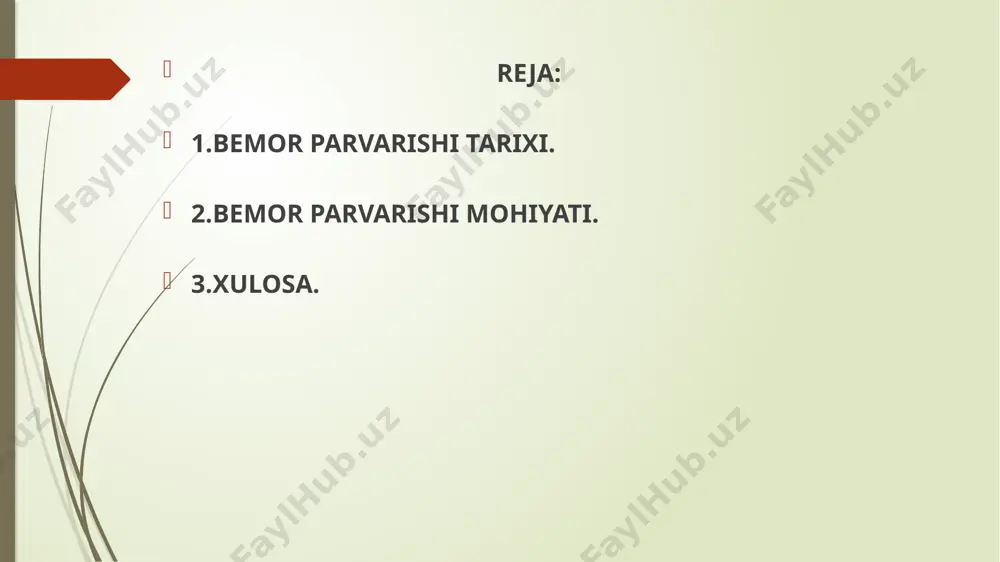 ardalar vaqtincha yigʻib qoʻyilgani maʼqul yoki tez-tez (haftada 1-2 marta) changyutgich bilan tozalanadi. xonada pastroq tovushda gaplashish kerak, ammo pichirlab gaplashish yaramaydi. chunki bu bemorga goʻyo uning ahvoli ogʻirligini yashirishga urinayotgandek boʻlib tuyuladi, radio va televizor ovozini pasaytirib qoʻyiladi. bemorni biror joyga oʻtkazish kerak boʻlsa, maxsus kreslo yoki zambildan foydalaniladi. bu ishni bajaruvchi yolgʻiz boʻlsa, u bir qoʻlini bemorning kuragi ostidan, ikkinchisini sonining tagidan oʻtkazib, koʻtaradi; bunda bemor kutaruvchining boʻyniga osilib oladi. boshqa joyga oʻtkazishdan oldin joyning tayyorligi koʻzdan kechiriladi. ahvoli ogʻir bemorlar choyshabi tagidan kleyonka solinadi. dumgʻaza ostiga rezina doira, ostga tuvak, siydikdon qoʻyiladi, ularga yechinishlarida yordam koʻrsatiladi. bemorning koʻrpa-toʻshagi uzun va keng boʻlgani maʼqul. toʻshak ustidan oq choyshab yoziladi. baʼzi kasalliklarda vrach tavsiyasi bilan toʻshak ostidan uning kattaligicha taxta qoʻyiladi. bemorni issiq qilib, oʻrab-chirmash yaramaydi. karavot iyeltgich asboblariga yaqin qoʻyilmaydi, uni ikki tomonidan bemor oldiga bemalol kelish mumkin boʻladigan qilib qoʻyish kerak. bemor choyshabini ehtiyotlik bilan almashtirish lozim. …