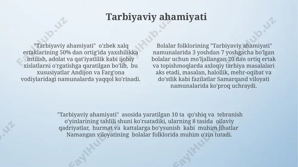 lgan 3 ta asosiy turdagi ertaklarni solishtirish orqali ularning o'ziga xos xususiyatlarini aniqlash mumkin. zamonaviy bolalar adabiyoti bilan taqqoslaganda, 19-asr va 20-asr boshlariga oid 70 ta bolalar folklor namunalarida mavjud bo'lgan an'anaviy tarbiyaviy elementlarning o'zgarishini kuzatish dolzarb hisoblanadi. syujetning tuzilishi “syujetning tuzilishi”ning soddaligi va tushunarliligi, ayniqsa, 5-6 yoshli bolalar uchun moslashtirilgan bo‘lib, farg‘ona vodiysidagi hikoyalar to‘plamlarida aniq ko‘rinib turibdi, bu yerda voqealar tezkor va mantiqiy ketma-ketlikda rivojlanadi. “syujetning tuzilishi”da 3 ta asosiy qism – bog‘lanish, kulminatsiya va hal qilinish – aniq ko‘rinadi, bu esa 7 yoshgacha bo‘lgan bolalar uchun xos xususiyat hisoblanadi va dunyoning turli burchaklaridan, masalan, andijon viloyatidan olingan namunalarda kuzatiladi. bolalar folklorida “syujetning tuzilishi” oddiy, 2-3 ta asosiy qahramon atrofida quriladi va takrorlanuvchi elementlar, masalan, sehrli sonlar (3, 7) yoki hayvonlar tasvirlari kabi tarkibiy qismlarni o‘z ichiga oladi. didaktik funksiyasi andijon viloyati hududida toʻplangan 30 dan ortiq bolalar qoʻshiqlarida kuzatiladigan didaktik funksiya, tabiat hodisalari, hayvonlar olami va inson …