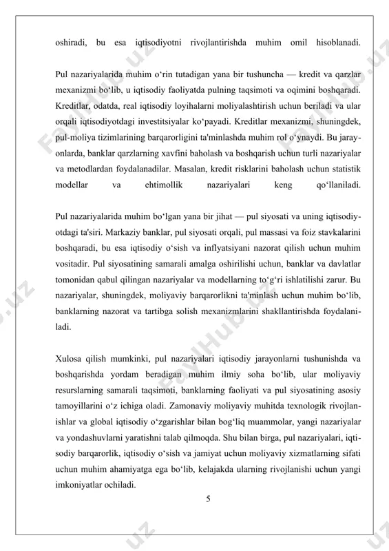 esa, o'z navbatida, ishlab chiqarishning kengayishi, ish o'rinlarining ko'payishi va umumiy iqtisodiy faoliyatning rivojlanishiga olib keladi. shu bilan birga, kreditlarning taqsimoti va ularning foiz stavkalari iqtisodiy muhitga, banklarning risk boshqaruvi tizimiga va makroiqtisodiy siyosatga bog'liq holda o'zgarib turadi. kredit bozorlarining rivojlanishi va banklarning moliyaviy barqarorligi uchun, risklarni boshqarish va tartibga solish muhimdir. kredit risklari, ayniqsa, iqtisodiy krizislar yoki moliyaviy bozorlarning noaniqlik davrida oshib, banklarning muvozanatini buzishi mumkin. banklar va kreditlarning iqtisodiy ta'sirini tahlil qilishda, shuningdek, ularning ijtimoiy va makroiqtisodiy natijalari ham inobatga olinadi. masalan, banklarning moliyaviy barqarorligi va samarali faoliyati, iqtisodiy rivojlanish uchun muhim shart bo'lib, jamiyatdagi moliyaviy xizmatlarning sifati va kengayishini ta'minlaydi. bu esa, o'z navbatida, aholining moliyaviy xizmatlardan foydalanish imkoniyatlarini kengaytiradi va iqtisodiy tengsizliklarni kamaytiradi. boshqa tomondan, banklarning noto'g'ri boshqarilishi yoki tartibga solishdagi kamchiliklar, moliyaviy inqirozlar va iqtisodiy muammolarga olib kelishi mumkin. shuning uchun, banklar va kreditlarning iqtisodiy ta'sirini o'rganishda, ularning makroiqtisodiy siyosat bilan hamkorligi va nazorat mexanizmlarining …