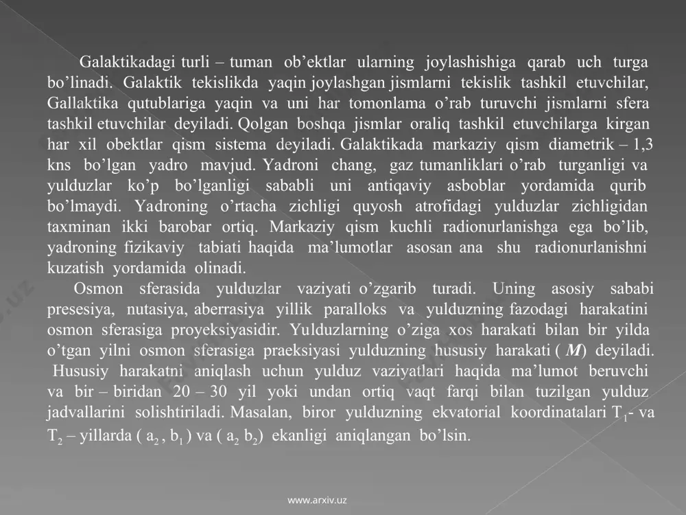duzning chaqnashi bo’lib ko’rinadi. www.arxiv.uz www.arxiv.uz spiral galaktika massif bo’lsa tortishish kuchlari shuncha spiralni kuchliroq tortadi. shuning uchun massif galaktikalarda ingichka. ularda yulduz ko’proq gaz kamroq bo’ladi. m31 galaktikada spiralning qo’llari juda ingichka, m33 tumanlikda esa o’rtacha o’lchamga ega bo’lgan qo’llar kuzatiladi, tipiga bog’liq ravishda spiral galaktikalarning yulduzlari har xil hosil bo’lish tezligiga ega, eng katta tezlik sc tipidagi galaktikada elliptik yulduz sistemalarda evalyutsion jarayon sodda bo’lish kerak chunki ularda modda yuqori aylanish momenti va magnit maydonga ega emas. shunga ko’ra bunday sistemada gazning hammasi sferik sistemalarning yulduzlar hosil bo’lishiga olib keladi. elliptik galaktikalarda yulduz bo’lish surati o’ta yangi yulduzlar chiqayotgan gazning miqdoriga bog’liq. yulduzlar yuqotgan gazning yillik miqdori massasi 1011 galaktikalarga kelib tushadigan yulduzlarning massasi 0,1m0 bo’ladi. shuningdek hisoblashlar shuni ko’rsatadigan elliptik galaktikalarning markaziy qismi, yosh yulduzlardan iborat, bo’lganligi sababli chekkasiga qaraganda havo rangliroq bo’ladi. xulosa qilib aytganda sonli galaktikalardagi har xil ravshanligining, evolyutsiyasining yorug’lik bir necha milliard yilda …