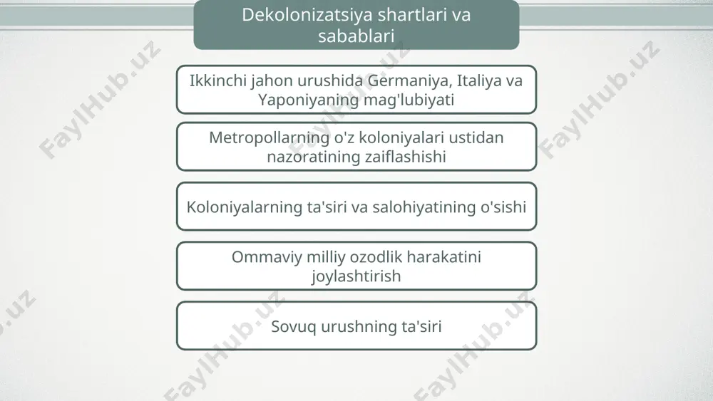mustamlakalari dekolonizatsiyaning uchinchi bosqichi (1970-yillar) gvineya-bisau, kabo-verde orollari, angola, mozambik, san-tome va printsip mustaqillikka erishdi. afrika va osiyo dekolonizatsiyaning to'rtinchi bosqichi (1980-1990-yillarning oxiri) yil davlat 1980 janubiy rodeziya muammosi hal qilindi (zimbabve) 1982 angliya belizga mustaqillik berdi 1990 janubiy afrika namibiyaga mustaqillik berdi 1997 xitoy gonkong ustidan o'z suverenitetini tikladi 1999 xitoy makao ustidan o'z suverenitetini tikladi sobiq metropoliyalar va aqsh narxlarni belgilashda davom etdi xom ashyo va oziq-ovqat, sanoat uskunalari. osiyo, afrika va lotin amerikasi mamlakatlarining qoloqligining sabablari agrar-xom ashyo qo'shimchasining roli mashinalar, uskunalar etkazib berishga, tashqi investitsiyalar oqimiga bog'liqlik an'anaviy turmush tarzining ustunligi aholining aksariyat qismining savodsizligi aloqa va aloqa vositalarining (infratuzilmaning)rivojlanmaganligi * ikkinchi jahon urushidan keyin aholining o'sish sur'ati oshgani sababli qoloqlik muammosi kuchaydi. qishloq xo'jaligi ishlab chiqarishi uchun mos bo'lgan barcha erlardan foydalanish, o'rmonlarning kesilishi, toza suv manbalarining kamayishi urbanizatsiya muammosini keltirib chiqardi. demografik portlash jamiyatni modernizatsiya qilishga qaratilgan hukumat siyosati an'anaviy turmush tarzini yo'q qilish …