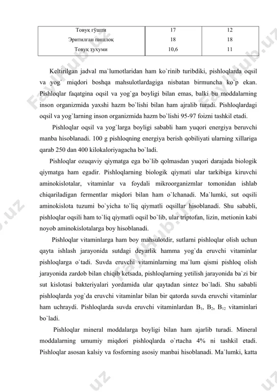 siga kiradi. bu xil pishloqlarni tayyorlaganda sutni ivitish uchun shirdon fermentlaridan foydalaniladi. nordon pishloqlar tayyorlashda esa sut sut kislotasi ta`sirida ivitiladi. nordon pishloqlar shirdon pishloqlarga nisbatan kam miqdorda ishlab chiqariladi. shirdon pishloqlari o`z navbatida 5 guruhga bo`linadi. shulardan to`rttasi, ya`ni qattiq, yarim qattiq, yumshoq, namakopli pishloqlar natural pishloqlar va beshinchisiga esa qayta ishlangan pishloqlar deb yuritiladi. tarkibidagi yog`ning quruq moddaga nisbatan hisoblangan miqdoriga qarab pishloqlar 50 % yog`lilikdagi va 45 % yog`lilikdagi pishloqlarga bo`linadi. keyingi yillarda 30 va 20 % yog`lilikdagi pishloqlar ishlab chiqarishga ham alohida e`tibor berilmoqda. shu bilan pishloqlarni ham parhez maqsadlarda ishlatishga imkoniyat tug`diriladi. har bir pishloq donasining massasiga qarab pishloqlar katta massali va kichik massali pishloqlarga bo`linadi. masalan, katta massali pishloqlar turkumiga shveytsariya, rossiya va boshqa tur pishloqlarni kiritish mumkin. kichik massali pishloqlardan gollandiya turkumiga kiruvchi pishloqlarni ko`rsatish mumkin. qattiq shirdon pishloqlarni ishlab chiqarish texnologiyasi pishloqlar ishlab chiqarishda xom ashyoning sifatiga alohida e`tibor qaratiladi. pishloq ishlab …