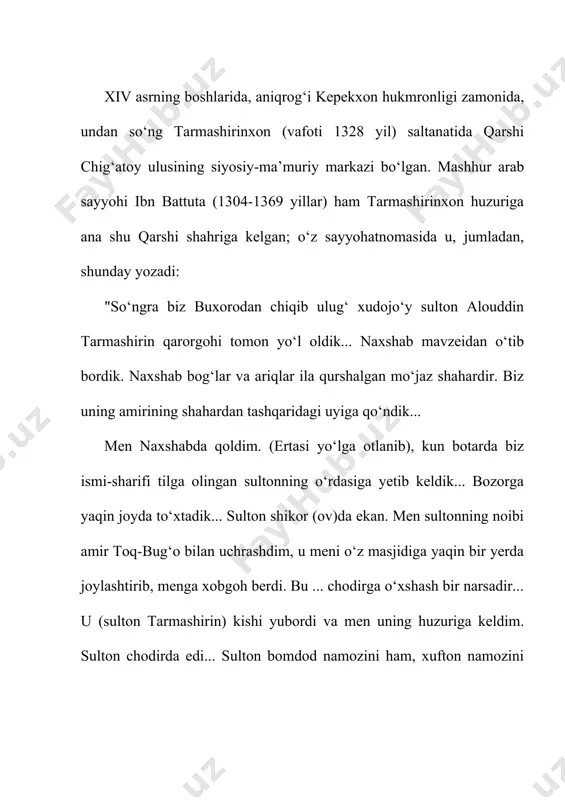 rdilar. u yerga yetib kelganlarida, soqchilarni ma’shuqaning ko‘zidek mast va oshiqning dilidek xarob ahvolda topdilar. ulardan tig‘ni darig‘ tutmadilar va birortasini tirik qoldirmadilar. darvesh-bukka darvoza qulfini bolta bilan sindirdi va (shu payt) hazrat sohibqiron farmoni bilan burg‘u( 10) chaldilar. o‘sha ondayoq sipoh bilan qal’aga yopirilib kirdilar va olomon baqiriq-chaqiriqlar qilib ul qo‘rg‘onni larzaga keltirdilar. qarshi aholisi karnay-surnay (ovozi)dan ko‘zidan uyqu o‘chib, boshini hayrat tutuni qopladi va o‘lkani zabt aylaguvchi sohibqironning tadbir o‘qi zafar nishoniga tegdi. g‘olib lashkar qal’ani egallash bilan mashg‘ul bo‘lib, amir musoning xotini, farzandi va qo‘l ostidagilarini qo‘lga oldilar; erkaklarni choh va zindonga qamadilar. hazrat sohibqiron amir musoning o‘g‘li yoshi kichik muhammadbek uchun, keyinroq u bilan qarindoshlik barpo bo‘lishi sharofati tufayli, sezdirmay qochishga imkon yaratsinlar, deb buyurdi va otasi oldiga yetib borsa, uning lashkari qo‘rquv-vahimadan to‘zib ketadi, dedi. muhammadbek o‘sha tundayoq otasining oldiga yetib bordi, biroq ular bu xabardan o‘zlarini yengilgan hisoblamadilar va tarqab ketmadilar, amir muso tezda …