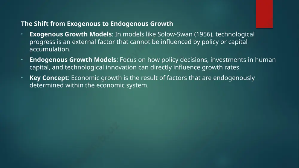 ity and output. key features of the capital accumulation model no diminishing returns to capital: in the ak model, there are constant returns to capital, so as long as investments in capital continue, growth continues. impact of savings and investment: high levels of savings and investment are crucial for sustained capital accumulation, which drives long-term growth. policy implications: encouraging savings, investments in infrastructure, and policies that create a favorable environment for capital accumulation are crucial to maintaining growth. comparison of the three models human capital model: focuses on the accumulation of knowledge and skills as the foundation for growth. innovation model: emphasizes technological advancements and innovation as the key driver of economic expansion. capital accumulation model: views the accumulation of physical and human capital as the primary source of growth. commonalities: all three models highlight the importance of internal factors—human capital, innovation, and capital—that can be influenced by policy. differences: …