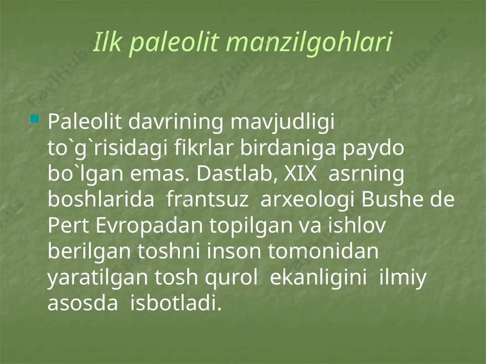 tonda janubiy farg`onadagi selung`ur va toshkent viloyatidagi boltag`or makonlarida ham ashel` davri tosh qurollari topilagn. selung`ur g`ori madaniy qatlamlaridan eng qadimgi odam-arxantrop tish parchalari topilgan. fanga selung`ur g`ori 1958 yildan ma`lum. dastlab g`or-makon akademik okladnikov tomonidan o`rganilgan va u so`nggi poleolit davriga oid degan fikr bildirilgan. 1980 yilda akademik u.islomov g`orda qayta qazish ishlarini o`tkazib, ko`plab tosh qurollar, hayvon suyaklari qoldiqlarini topadi. u.ismoilov g`orni ashel` davriga mansubligini ilmiy asosda isbotlaydi. seleng`ur g`oridan topilgan ibtidoiy odam suyak qoldiqlari sinantrop - «xitoy odami» ga zamondosh ekanligi to`g`risida fikrlar bildirilgan. selung`ur g`oridan topilgan ibtidoiy odamning suyaklarini o`rganish uchun yunesko dan mutaxassislar chaqiriladi. ular suyak qoldiqlarini tekshirib ko`rib uning antropogenez tizimida o`ziga xos xususiyatga ega ekanligini e`tirof etadilar. mutaxassislar farg`onadan topilgan ibtidoiy odamga «fergantrop» deb nom berishdi. fergantrop arxeologiya faniga antropogenez jarayonida o`ziga xos xalqa sifatida kiritili. odamning paydo bo`lishi muammosi echimiga selung`urdagi ilmiy izlanishlar katta hissa qo`shdi. o`rta osiyo, xususan o`zbekiston odamzodning ilk …