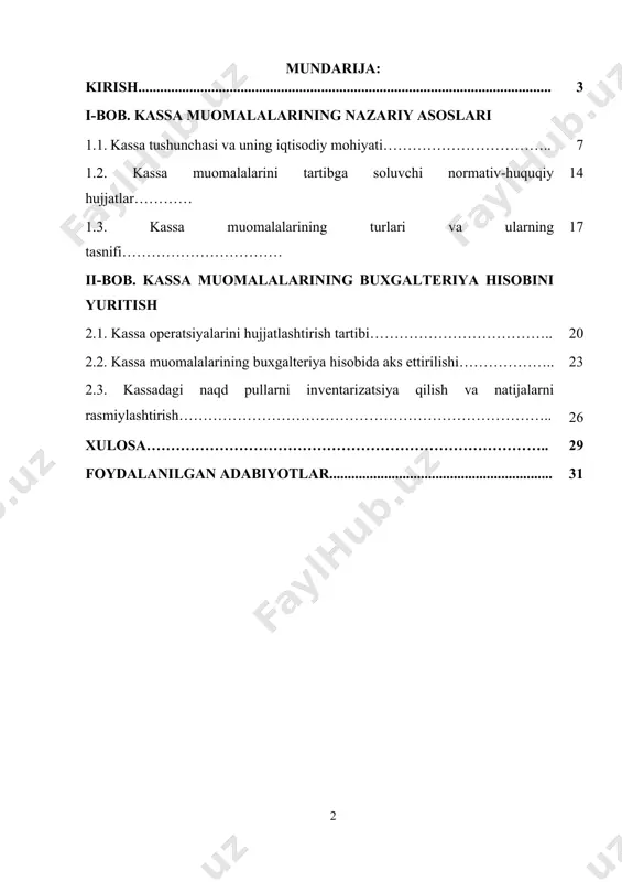onchliligiga asos bo‘ladi. prezident shavkat mirziyoyev rahbarligida amalga oshirilayotgan keng ko‘lamli islohotlar doirasida moliya va buxgalteriya hisobini takomillashtirishga alohida e'tibor qaratilmoqda. bu borada qabul qilingan farmon va qarorlar korxona moliyaviy faoliyatining shaffofligini oshirish, korrupsiyaga qarshi kurashish va davlat moliyaviy nazoratining samaradorligini ta’minlashga xizmat qilmoqda. misol uchun, 2023-yil 28-noyabrda qabul qilingan prezident farmoni №pf-200 «davlat organlari va tashkilotlarida korrupsiyaga qarshi kurashish tizimini yanada takomillashtirish va jamoatchilik nazoratini oshirish chora-tadbirlari to‘g‘risida» moliyaviy operatsiyalarning, shu jumladan kassa muomalalarining shaffofligi va hisobdorligini ta’minlashda muhim hujjat sifatida e’tirof etiladi. ushbu farmon doirasida kassa muomalari hisobi nazorat va monitoring tizimining ajralmas qismi sifatida ko‘rib chiqilmoqda, bu esa moliyaviy intizomni mustahkamlashda katta ahamiyatga ega. 2023-yilning 28-avgustida qabul qilingan №pf-151 sonli prezident farmoni «qurilish va uy-joy kommunal xo‘jaligi sohasida davlat boshqaruvini yanada takomillashtirish chora-tadbirlari to‘g‘risida» ham moliyaviy intizomni oshirish va kassa muomalari tartibini kuchaytirishga qaratilgan. bu farmon, ayniqsa, qurilish va kommunal sohalarda faoliyat yurituvchi tashkilotlarda naqd pul operatsiyalarining …