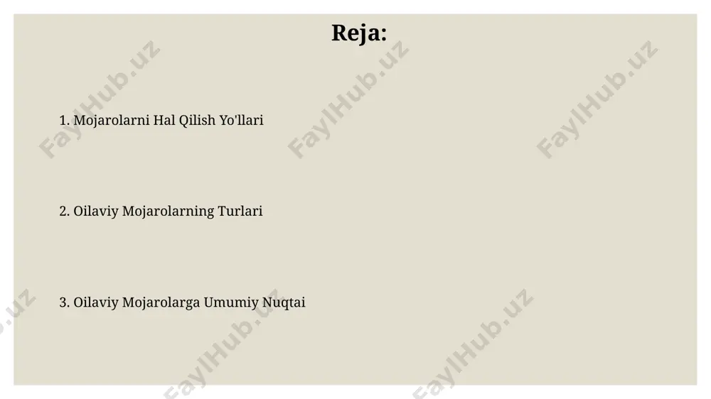 -ovqatga sarflashga majbur bo‘lish, oila a’zolari o‘rtasida jiddiy moliyaviy nizolarga olib kelishi mumkin. turmush o'rtoqlar o'rtasidagi kelishmovchiliklar oilaviy psixologlarning kuzatishlariga ko'ra, turmush o'rtoqlar o'rtasidagi 45% kelishmovchiliklar bolalar tarbiyasi, ularga bo'lgan mas'uliyat va ta'lim uslublari bilan bog'liq. oilaviy munosabatlardagi 30% dan ortiq nizolar, turmush o'rtoqlarning o'zaro ishonchsizlik va kommunikatsiya etishmasligidan kelib chiqadi, bu esa hissiy masofaga olib keladi. oilaviy mojarolarni hal qilish yo'llari oilaviy mojarolarning 70%i samarali muloqot yetishmasligidan kelib chiqadi, shuning uchun faol tinglash va his-tuyg'ularni ochiq ifoda etish muhim ahamiyatga ega. konfliktlarni hal qilishning 5 bosqichli modeli: muammoni aniqlash, variantlarni ishlab chiqish, eng yaxshisini tanlash, qarorni amalga oshirish va natijalarni baholash samaradorlikni oshiradi. e'tiboringiz uchun rahmat @taqdimot_robot image3.jpg image4.jpg image5.jpg image6.jpg image7.jpg image8.jpg image9.jpg
