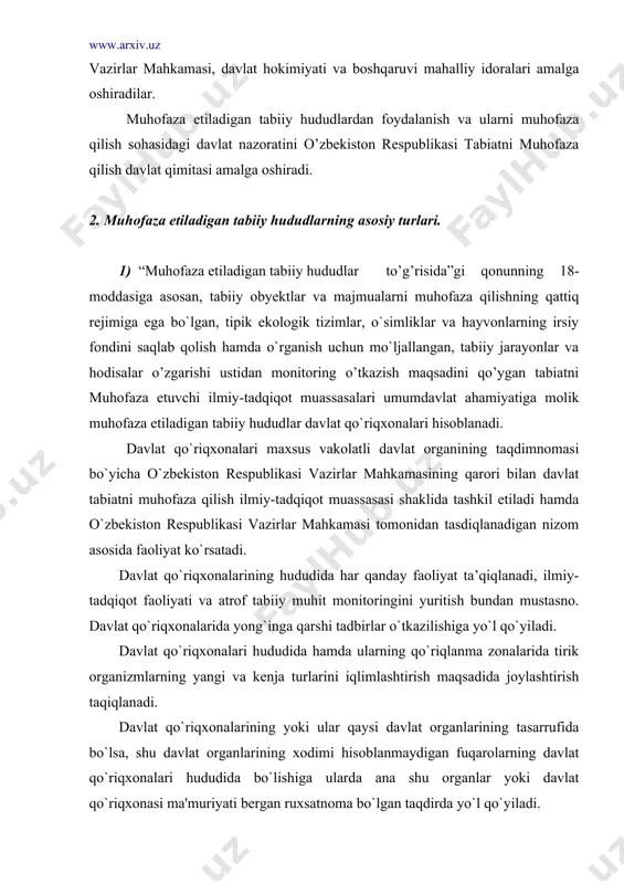 i. shartnoma asosida boshqa ilmiy tashkilotlar va mutaxassislar jalb etilishi mumkin. 2) alohida ekologik qimmatga ega bo`lgan tabiiy obyektlar va majmualarni asl holatida saqlash uchun mo`ljallangan muhofaza etiladigan tabiiy hududlar majmua (landshaft) buyurtma qo`riqxonalari hisoblanadi. majmua (landshaft) buyurtma qo`riqxonalari maxsus vakolatli davlat organining taqdimnomasi bo`yicha o`zbekiston respublikasi vazirlar mahkamasining qarori bilan davlat tabiatni muhofaza qilish muassasasi shaklida tashkil etiladi. majmua (landshaft) buyurtma qo`riqxonalari bunday qo`riqxonalar to`g`risidagi, o`zbekiston respublikasi vazirlar mahkamasi tomonidan tasdiqlanadigan nizom asosida faoliyat ko`rsatadi. majmua (landshaft) buyurtma qo`riqxonalari hududida har qanday faoliyat taqiqlanadi, ilmiy-tadqiqot, rekreatsiya faoliyati, atrof tabiiy muhit monitoringini yuritish, shuningdek pichan o`rish va chorva mollar o`tlatish, yovvoyi o`simliklarni oziq-ovqat maqsadlari uchun, majmua (landshaft) buyurtma qo`riqxonalari xodimlarining va mazkur qo`riqxonalarning qo`riqlanma zonalarida yashovchi fuqarolarning o`z ehtiyojlari uchun yovvoyi holda o`sadigan o`simliklarning dorivor va texnik xom ashyosini tayyorlash (yig`ish) bundan mustasno. 3) alohida ekologik, madaniy va estetik qimmatga ega bo`lgan tabiiy obyektlar va majmualarni tabiatni muhofaza qilish yo`nalishidagi, …