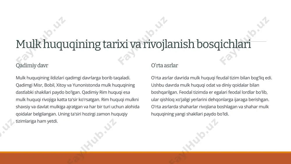 vlat tomonidan himoya davlat mulk huquqini buzishga qarshi kurashish, mulk huquqining buzilishi holatlarini oldini olish va uni himoya qilish uchun turli chora-tadbirlarni amalga oshiradi. 7 mulk huquqini himoya qilish mexanizmlari qonuniy himoya mulk huquqini himoya qilish qonunlarga muvofiq amalga oshiriladi. qonunlar mulk huquqining buzilishi holatlarida egasi tomonidan qanday chora-tadbirlarni ko'rish mumkinligini belgilaydi. sud himoyasi mulk huquqini himoya qilishning asosiy usullaridan biri bu sud himoyasidir. sudlar mulk huquqining buzilishi holatlarini ko'rib chiqadi va tegishli qarorlar chiqaradi. davlat organlari tomonidan himoya davlat organlari mulk huquqining buzilishi holatlarini oldini olish va uni himoya qilish uchun turli chora-tadbirlarni amalga oshiradi. masalan, soliq organlari mulk huquqining buzilishi holatlarini oldini olish uchun soliq to'lashga oid qoidalarni joriy qiladi. 8 mulk huquqi bilan bog'liq asosiy qonunlar 1 o'zbekiston respublikasi konstitutsiyasi konstitutsiya mulk huquqini kafolatlaydi va uni himoya qilish bo'yicha asosiy qoidalarni belgilaydi. 2 o'zbekiston respublikasi fuqarolik kodeksi kodeksda mulk huquqining turlari, egasi, tasarruf etish tartiblari, mulk huquqining …