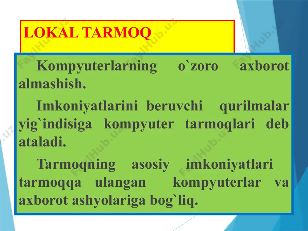 netda ma'lumotlarni uzatish uchun mo'ljallangan, lekin windows tarmoqlarida ham foydalanish mumkin bo'lgan bir-birini to'ldiruvchi, chambarchas bog'liq protokollar to'plami; "netbeui"(tarmoq bios kengaytirilgan foydalanuvchi interfeysi - kengaytirilgan tarmoq foydalanuvchi interfeysi) windows operatsion tizimi uchun asosiy tarmoq protokoli hisoblanadi. barcha zamonaviy tarmoq protokollari osi modeliga asoslangan ( ochiq tizim o'zaro aloqasi), tarmoqdagi amaliy dasturlarning ishlashini ta'minlaydigan ma'lumotlarni o'zgartirishning etti darajasini ta'minlaydi eng yuqori, ettinchi daraja amaliy dastur bilan o'zaro ta'sir qilish qoidalarini tavsiflaydi va eng past, birinchi navbatda, uzatish muhiti bilan o'zaro ta'sirni tavsiflaydi. etiboringiz uchun rahmat image1.jpeg image2.jpeg image3.jpeg image4.png