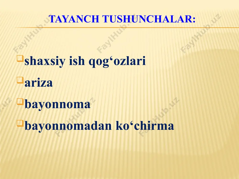 tibi; d) eshitildi; e) so`zga chiqdilar; f) qaror qilindi. 10. ilovalar (mavjud bo`lsa). 11. yig‘ilish raisi va kotibining imzosi, familiyasi. zaruriyat tufayli majlis davomida qabul qilingan qarorlardan ko‘chirmalar rasmiylashtiriladi. buyruqdan ko‘chirmada bo‘lganidek, bayonnomadan ko‘chirma ham imzo bilan tasdiqlanadi. bayonnomaning matni qismidan faqat tashkilot yoki shaxsga yetkazilishi kerak bo‘lgan bo‘laklargina olinadi. agar kun tartibida uch masala muhokama etilgan bo‘lsa, kerakli masala bo‘yicha qabul qilingan qaror olinadi. bayonnomadan ko‘chirma bayonnomadan ko‘chirma quyidagi asosiy qismlardan iborat: 1. tashkilot nomi. 2. hujjat nomi (bayonnomadan ko‘chirma). 3. yig‘ilish sanasi. 4. shartli raqami. 5. bayonnoma tuzilgan joy. 6. matn: a) kun tartibi; b) eshitildi; d) qaror qilindi. 7.yig‘ilish raisi va kotibining imzosi, familiyasi. 8. nusxa tasdiqlanganligi haqidagi belgi. muayyan muassasa (tarkibiy qism) rahbariga xizmat faoliyati bilan aloqador muhim masalalar yuzasidan yoki yuqori, mansabdor shaxsga biron-bir voqea va hodisa haqida xabardor qilish zarurati tug‘ilganda taqdim etiladigan mufassal yozma axborot bildirishnoma deyiladi. bildirishnoma unda, odatda, bayon qilinayotgan masalalar …