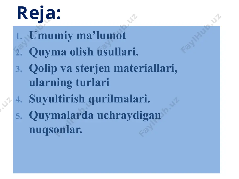 quyish, qobiq keramik qoliplarga quyish, kokillarga quyish, bosim ostida quyish, markazdan qochirma usulda quyish usullari kiradi. bu usullarning barchasi yuqori aniqlikdagi, sirtdagi g‘adir-budirliklar ham, keyingi ishlov berishgacha qoldiriladigan qo‘yimlari minimal (ba’zan qo‘yimi butunlay yuq), eksplatatsion xossalari yuqori bo‘lgan quymalar olish imkonini beradi. quyma olish usullari suyuqlanuvchan modellarga quyish. bunday usulda quyishning mohiyati quyidagilardan iborat: ajralmaydigan suyuqlanuvchan modeldan foydalaniladi, u qotuvchan suyuq qolip aralashmasi bilan qoplanadi va shunday qilib ajralmaydigan keramik qobiq tayyorlanadi; suyultirilgan metalni quyishdan oldin model suyuqlantirish yoki kuydirish yo‘li bilan qolipdan olib tashlanadi; ba’zan qolip yuqori haroratgacha qizdiriladi, buning natijasida model qoldiqlari yuqotiladi, qolip mustahkamlanadi va uning suyultirilgan metall bilan tuldirilishi yaxshilanadi. davomi model suyuqlanish harorati past bo‘lgan mum, stearin, parafin kabi materiallardan yoki yonganda qattiq qoldiqlar qoldirmaydigan polistiroldan metall press-qolipda tayyorlanadi. qobiq qolip hosil qilish uchun model yoki modellar bloki changsimon material (kvars, elektr-korund) va bog‘lovchi modda (etilsilikat)dan tashkil topgan suspenziyaga bir necha marta botirib olinadi. suyultirilgan …