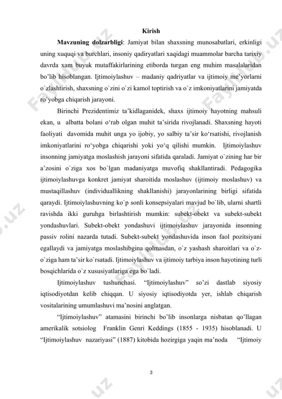 аnish vа o’zgаrishi bilаn аniqlаnаdi. 2017-2021-yillarda o’zbekiston respublikasini rivojlantirishning 5 ta ustuvor yo’nalishi bo’yicha harakatlar strategiyasi qabul qilingan bo’lib, uning 4-ustuvor yo’nalishi ijtimoiy sohani rivojlantirishga qaratilgan bo’lib bunda shaxsning ijtimoiylashuviga katta ta’sir qiluvchi ta’lim va fan sohasini rivojlantirishni o’z ichiga qamrab olgan. ta'lim va fan sohasini rivojlantirish: · uzluksiz ta'lim tizimini yanada takomillashtirish yo'lini davom ettirish, sifatli ta'lim xizmatlari imkoniyatlarini oshirish, mehnat bozorining zamonaviy ehtiyojlariga muvofiq, yuqori malakali kadrlar tayyorlash; · ta'lim muassasalarini qurish, rekonstruksiya qilish, kapital ta'mirlash, ularni zamonaviy o'quv-laboratoriya uskunalari, kompyuter texnikasi va o'quv-metodik qo'llanmalar bilan jihozlash bo'yicha ishlarni amalga oshirish orqali ularning moddiy-texnika bazasini mustahkamlash yuzasidan aniq maqsadga qaratilgan chora-tadbirlarni ko'rish; · maktabgacha ta'lim muassasalari tarmog'ini kengaytirish, bolalarning har tomonlama intellektual, estetik va jismoniy rivojlanishi uchun ushbu muassasalaridagi shart-sharoitlarni tubdan yaxshilash, bolalarning maktabgacha ta'lim bilan qamrab olinishini jiddiy oshirish va uning qulayligini ta'minlash, pedagog va mutaxassislarning malaka darajasini yuksaltirish; · umumiy o'rta ta'lim sifatini tubdan oshirish, chet …