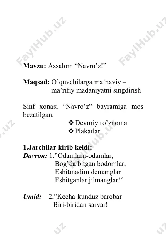 alar, ko’chalar, qishloqlar obodonlashtiriladi. ariq – zovurlar kovlanadi. nochor qariyalarga, nogiron bolalar xolidan xabar olinadi. bu esa vatanimizni sevishga, urf-odatlarimizni xurmat qilishga, mehr-oqibatli bo’lishga chorlaydi. momo yer: o’rningdan tur xey bashar, hamma yoqqa xabar ber to’plab qilamiz xashar sendan bo’lsin xarakat mendan bo’lsin barakat o’quvchi: boychechak bahor darakchisidir. shu-ning uchun sharq xalqlari bu gulning ochilishini ko’klam nishonasi deb bilishadi. o’quvchi: erta bahorda bolalar to’da-to’da bo’lishib qir-adirlardan boychechak terishadi. kim birinchi bo’lib boychechakni topsa, uni baxtli deb hisoblashgan. bolalar topib olingan boychechakni berkitib, xovlima-xovli yurishib qo’shiq aytishgan. xo’r. “boychechak” xalq o’yini (o’g’il bolalar) “kim oladi shu ginani” davrani 4 boshlovchi davom ettiradi. 1-boshlovchi: istiqlol tongida gullar to’lg’ondi, yuraklar to’lg’ondi, gullar uyg’ondi, navro’z navolari jonni yangratib ona yurt uyg’ondi, gulga cho’lg’ondi. 2-boshlovchi: dimoqqa yalpizlar nafasi urar, yurakka muattar chechaklar kular, bir suluv kelinchak salomga kelar, ostonaga bosh ur aziz mehmonim navro’zni muborak, o’zbekistonim. 3-boshlovchi: yurtim kuylayotgan dalalarinda sumalakning xushtam bo’ylari kezar go’daklarga …