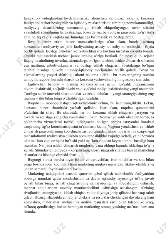 htirishga imkon beradi. bundan tashqari, marketingli faoliyat yuritish uchun, korxonani boshqarish va rejalashtirish tizimidan, taqsimot, ichki bozordagi va tashqi savdodagi aloqalar, yuqori darajada jihozlangan bozor kanallari orqali realizatsiya qilishdan iborat tashkiliy masalalarni hal qilish zarur. iqtisodiyotimizning inqirozli vaziyati, qondirilmagan talab, turmush darajasining pastligi, iqtisodiy va ijtimoiy sohadagi muvozanatning yo’qligi uchun, bir qarashda marketingdan foydalanish mumkin emasdek tuyuladi. ammo masalaning tub mohiyati shundaki, marketing mana shu kamchiliklarni tugatishga yordam qiladi. shuning uchun bizning iqtisodiyotimizda marketingdan foydalanish mumkin bo’lib qolmasdan, balki zaruriyatdir. iqtisodiyotni mahkamachilik-buyruqbozlik uslubiga asoslangan boshqarish bir butun qiyinchiliklar «dastasini» yuzaga chiqardi. bular xomashyo bilan yetarli darajada ta’minlanmaganlik, ishlab chiqarish jarayonida fantexnika yutuqlaridan foydalanmaslik, ishonchsiz va didsiz reklama, korxona faoliyatini tezkor boshqarish va iqtisodiy rejalashtirish tizimining nomukammalligi, moliyaviy dastaklarning samarasizligi, ishlab chiqarilayotgan tovar sifatini yaxshilash stimulining harakatsizligi, bozorda yuz berayotgan jarayonlar to’g’risida aniq, to’liq va o’z vaqtida ma’lumotga ega bo’lmaslik va boshqalardir. respublikamiz erkin bozor munosabatlariga o’tar ekan, barcha tarmoq korxonalari …