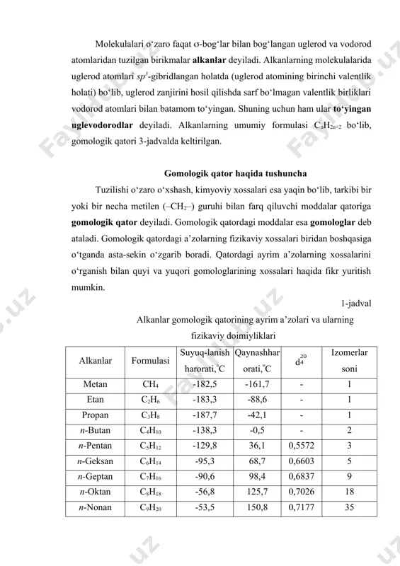 3 n-pentan izopentan neopentan hch 3 + ch 3 ch 3 ch 3 + h hr + no 2 pf 6 (ch 2 cl 2 ) no 2 r + hpf 6 nitrolash ch 4 + cl 2 sbf 5 ch 3 cl + hcl xlorlash alkanlar. olinishi, fizik va kimyoviy xossalari reja: 1. tabiiy manbalari va olinish usullari 2. fizikaviy xossalari va tuzilishi 3. alkanlarning muhim vakillari molekulalari o‘zaro faqat -bog‘lar bilan bog‘langan uglerod va vodorod atomlaridan tuzilgan birikmalar alkanlar deyiladi. alkanlarning molekulalarida uglerod atomlari sp3-gibridlangan holatda (uglerod atomining birinchi valentlik holati) bo‘lib, uglerod zanjirini hosil qilishda sarf bo‘lmagan valentlik birliklari vodorod atomlari bilan batamom to‘yingan. shuning uchun ham ular to‘yingan uglevodorodlar deyiladi. alkanlarning umumiy formulasi cnh2n+2 bo‘lib, gomologik qatori 3-jadvalda keltirilgan. gomologik qator haqida tushuncha tuzilishi o‘zaro o‘xshash, kimyoviy xossalari esa yaqin bo‘lib, tarkibi bir yoki bir necha metilen (–ch2–) guruhi bilan farq qiluvchi moddalar qatoriga gomologik qator …
