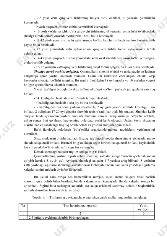 i tishlarning yemirilishi. 1. sut jag‘ tishlarini chiqishi va yemirilishi. 1. molyar tishlarning paydo bo‘lishi. 1. doimiy tishlarning sathi va kattaligidagi o‘zgarishlar. yoshning o‘zgarishiga qarab qoramollarning tish sistemasida quyidagi o‘zgarishlar sodir bo‘ladi: - buzoqlar tug‘ilganda 2-3 juft sut qirquvchi tishlari bo‘ladi, ular bir-birini ustini cherepitsasimon qoplaydi; - 12-14 kunligida yetishmagan qirquvchi tishlar chiqadi, ular to‘g‘ri joylashgan va premolyar jag‘ tishlari chiqadi, ular to‘g‘ri joylashgan va premolyar jag‘ tishlari chiqadi; - 21 kunligida – barcha sut jag‘ tishlari chiqadi; - bir oyligida qirquvchi tishlar bir-birini qoplaydi, sut jag‘ tishlarini orasi tekislanadi; - 6 haftaligida – sut qirquvchi tishlarida (o‘rtadagi) yemirilish kuzatiladi; - 8 haftalikda – ichki o‘rta qirquvchi tishlarda yemirilish kuzatiladi; - 10 haftaligida – tashqi o‘rta qirquvchi tishlarda yemirilsh kuzatiladi; - 3 oyligida - chetki sut qirquvchi tishlar yemirila boshlaydi; - 5-6 oyligida - birinchi juft molyarlar chiqadi; - 9 oyligida - birinchi juft molyarlar tekislanadi; - 10-12 oyligida- o‘rta …