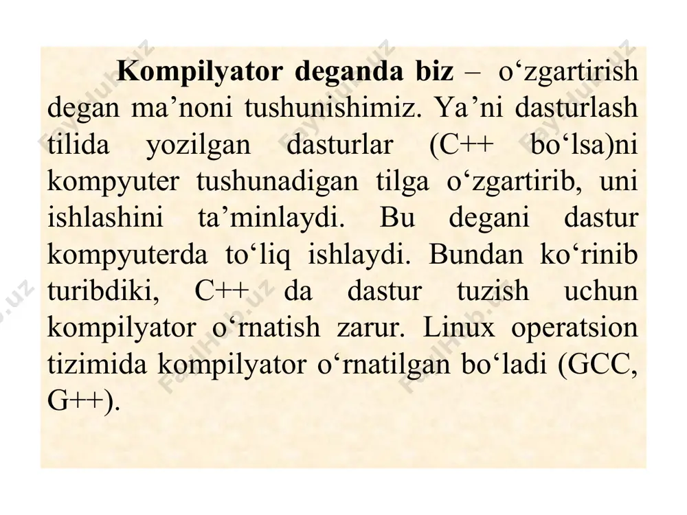 c++ muhitlari va kompilyatorlari ro‘yxatini ko'rib chiqamiz. kompilyatsiya- juda ko'p qirrali jarayon deb hech qiyinchiliksiz ayta olamiz. kompilyatsiyaning bir necha turlari mavjud. to'plamlarni yig'ish ishning bir nuqtasida bir nechta manba modullarida amalga oshiriladi. tizma-bosqich kompilyatsiyasi izohlash bilan bir xil (har bir keyingi bayonni bosqichma-bosqich mustaqil tuzish lozimligi). hali hamon shartli kompilyatsiya mavjud. bunday holda, tarjima qilingan matn dastlabki dasturda kompilyator ko'rsatmalarida ko'rsatilgan shartlarga bog'liq bo'ladi. ma'lum bir doimiy qiymatni o'zgartirishimiz, dastur matni qismining tarjimasini kiritishimiz yoki o'chirishni sozlashimiz mumkin. dasturchilar uchun dasturlashda qulay sharoit yaratish uchun turli xil yuzaga keladigan muammolarni hal qilish,ularni to'g'irlash uchun eng qulay va moslashtirilgan kompilyatorlardan foydalaniladi. agar ular tasniflangan holda bo'lsa, unda bunday yordam dasturlarining bir nechta turlarini ajratishimiz mumkin. vektorli kompilyator - manba kodini vektor protsessorlariga moslab, kompyuterning kompyuter kodiga aylantiradiradigan kompilyator moslashuvchan kompilyator - modulli printsip asosida ishlab chiqilgan hisoblanadi. uni boshqarishni jadvallar bo'yicha amalga oshiramiz. moslashuvchan kompilyator yuqori darajadagi tilda dasturlashtirilgan. buni …