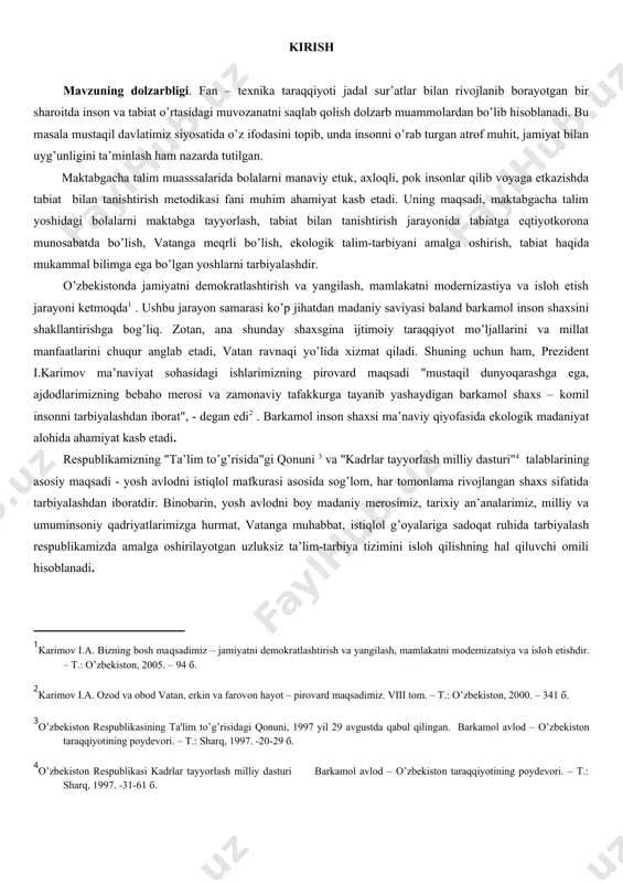 b etadi. respublikamizning "ta’lim to’g’risida"gi qonuni va "kadrlar tayyorlash milliy dasturi" talablarining asosiy maqsadi - yosh avlodni istiqlol mafkurasi asosida sog’lom, har tomonlama rivojlangan shaxs sifatida tarbiyalashdan iboratdir. binobarin, yosh avlodni boy madaniy merosimiz, tarixiy an’analarimiz, milliy va umuminsoniy qadriyatlarimizga hurmat, vatanga muhabbat, istiqlol g’oyalariga sadoqat ruhida tarbiyalash respublikamizda amalga oshirilayotgan uzluksiz ta’lim-tarbiya tizimini isloh qilishning hal qiluvchi omili hisoblanadi. "millatni millat qiladigan yoshlar. farzandlarimiz bizdan ko’ra kuchli, bilimli, dono va albatta, baxtli bo’lishlari shart"- deb ta’kidlagan edi prezident i.a.karimov . zero, ta’lim tizimi oldida turgan muhim vazifalaridan biri jahon tarixi va madaniyati ilg’or yutuqlarini to’liq egallagan yangi avlodni tarbiyalashdan iborat. prezident i.a.karimov qayd etganidek: "xxi asr bo’sag’asida, fan-texnika taraqqiyoti jadal sur’atlar bilan rivojlanib bormoqda. dunyoning jug’rofiy-siyosiy tuzilishi o’zgarmoqda. bunday sharoitda inson tomonidan biosferaga ko’rsatilayotgan ta’sirni tartibga solish, ijtimoiy taraqqiyot bilan qulay tabiiy muhitni saqlab qolishning o’zaro ta’sirini uyg’unlashtirish, inson va tabiatning o’zaro munosabatlarida muvozanatga erishish muammolari borgan sari dolzarb …