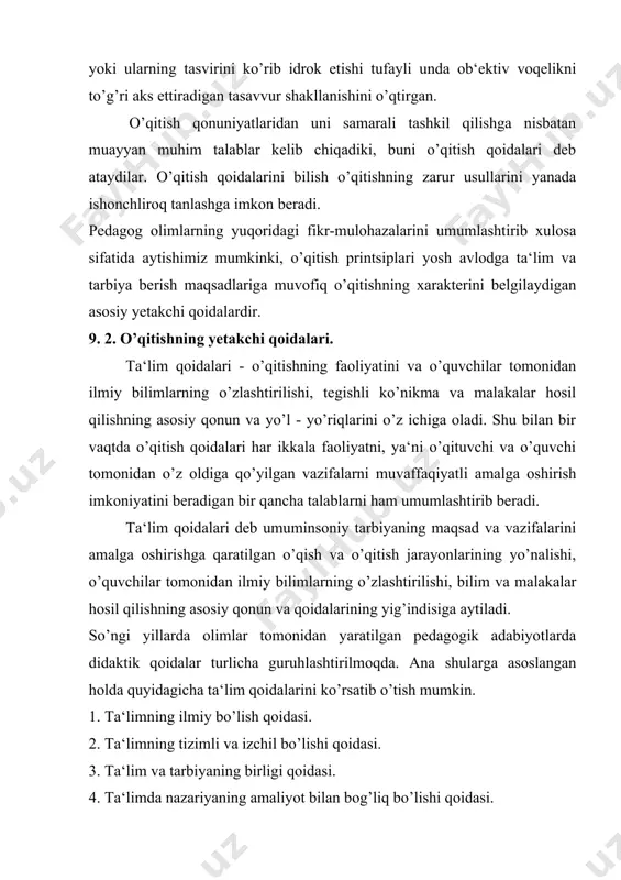 lik qoidasi. 7. ta‘lim jarayonida har qaysi o’quvchiga xos xususiyatlarni hisobga olish va ta‘limning o’quvchiga mos bo’lishi qoidasi. 8. puxtalik. 9. ta‘limning tarbiyalovchilik xarakteri. ta‘limning ilmiy bo’lish qoidasi. ilmiy bilimlar – voqelikning haqqoniy in‘ikosidir. ta‘limning ilmiyligi qoidasi o’quvchining o’quv materialidagi qonuniyatlarni aks ettirishi, tushunishi va o’zlashtirishi uchun to’g’ri sharoit yaratish maqsadida zarurdir. nazariy qoidalarni tushunish- materialni ilmiy asosda izohlab berishning muhim belgisi bo’lib, u o’quvchining fikrlash faoliyati xususiyatlarini belgilaydi. ilmiy bilimlarni egallash jarayonida o’quvchilarda ilmiy dunyoqarash, e‘tiqod tarkib topadi. tafakkur rivojlanadi. ta‘limning ilmiy bo’lish qoidasi ta‘lim jarayonida o’quvchilarni hozirgi zamon fan-texnika taraqqiyoti darajasiga muvofiq keladigan ilmiy bilimlar bilan qurollantirish, yoshlarni ilmiy tadqiqot usullari bilan tanishtirib borishni ta‘minlashga qaratilgan. ta‘limning tizimli va izchil bo’lishi qoidasi. o’qituvchining bilimlarni tizimli bayon qilishi o’quvchilarga o’quv predmetining strukturasi va mantiqini chuqurroq tushunish, fanning bosh g’oyasi va asosiy qoidalarini ajratish, tabiat va jamiyat hodisalari o’rtasidagi ichki bog’lanishni aniqlash imkonini beradi. dars mazmunining muqobil tuzilishini tanlash, o’qitishdagi …