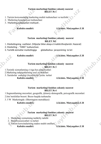 turizm marketingi fanidan yakuniy nazorat — DOCX