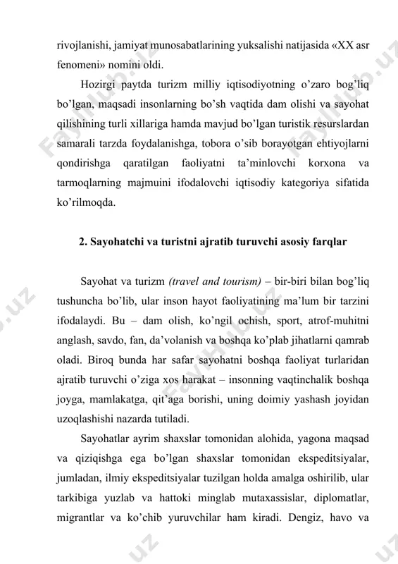 farqli ravishda, turizm iqtisodiyot va siyosatning kuchli ta’siriga uchrovchi soha bo’lib hisoblanadi. turizm bu turistlar tomonidan amalga oshiriluvchi, aniq belgilangan turistik maqsadlarga ega ommaviy sayohatlar turi bo’lib, turistning faoliyati va bunday sayohatlarni uyushtirish va amalga oshirish bo’yicha maxsus xizmat ko’rsatuvchi tashkilotlardan iborat. bunday maxsus xizmat ko’rsatuvchi tashkilotlar faoliyati avvalambor turistik firmalar, mehmonxonalar va shu xizmatlar bilan bog’liq bo’lgan turli xil boshqa tarmoqlar tomonidan amalga oshiriladi. turizm faoliyati asosan bo’sh vaqtda amalga oshiriladi. turizm faoliyatini amalga oshirish uchun uchta omil bo’lishi shart: dam olishga ajratilgan bo’sh vaqt, tegishli mablag’ va xohishistagi. uzoq vaqt davomida turizm faqat badavlat kishilarga mansub bo’lgan. hozirgi paytda aholining turli qatlamlari bo’sh vaqtini va jamg’arilgan mablag’larini turli turistik safarlarga borishga bemalol sarflay olishi mumkin. iqtisodiy omillarni hisobga olish nuqtayi nazaridan tashrif buyuruvchilar – tunovchi, ya’ni bir kecha yotib qoluvchilar va bir kunlik, ya’ni 24 soatgacha (mehmonxonada) bo’luvchi turistlarga bo’linadi. turizmning mohiyati va turistik faoliyatni yaxshi bilish uchun …