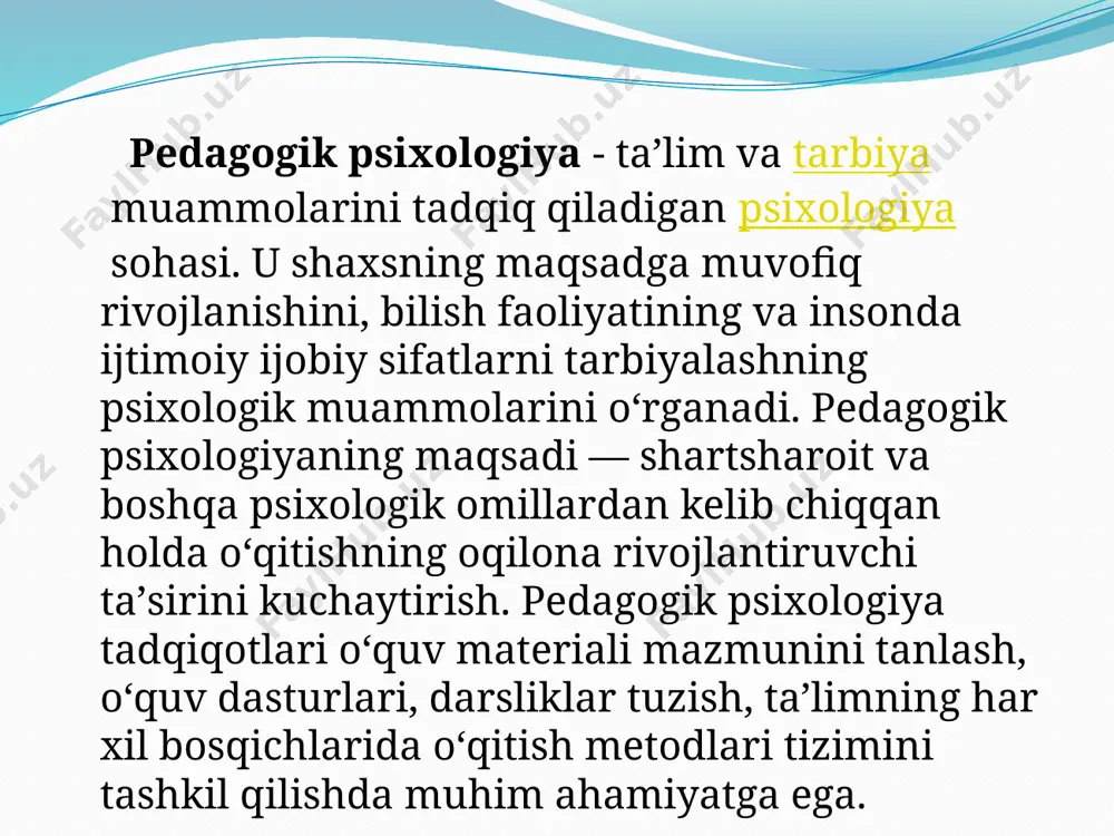 xologik yoʻnalishlar ham turtki berdi. bixevioristik (qarang bixeviorizm) psixologiya yoʻnalishi tarbiyachi va oʻquvchiga tashqi muhitning taʼsirini pedagogik psixologiya uchun asos qilib oladi. psixologiya – kishining ichki dunyosi, uni bilib olish va hayotda qo‘llanish haqidagi fandir. psixologiya qadimiy fanlardan hisoblanadi. uning paydo bo‘lishi kishilik jamiyati taraqqiyoti bilan bog‘liqdir. ijtimoiy hayot ehtiyojlari qadim zamonlardan buyon kishini tevarak-atrofdagi odamlarning psixik jihatdan tuzilish xususiyatlarini farqlay bilishga va ularni o‘z hattiharakatlarida hisobga olishga majbur etib kelgan. psixika lotincha psyuxe so‘zidan kelib chiqqan bo‘lib, ruh, jon degan ma’noni bildiradi. psixikaning qisqa va sodda ta’rifi – obyektiv olamni subyektiv aks ettirilishidir. o’qituvchining kasbnomasida pedagogik mahorat eng asosiy sifat tarzida berilgan. pedagogik mahoratning o‘zi nima? — deb savol bersangiz nechta kishi bo‘lsa o'shancha xil javob beradi. har birini diqqat bilan tinglasangiz, har qaysi javobda ham albatta biror-bir yangilik, o‘zak so‘z bo'ladi. “pedagogik mahorat” tushunchasini ensiklopedik lug‘atdan qaraydigan bo‘lsak, bu — ta’lim va tarbiya jarayonini doimo rivojlantirib yuksak darajaga …
