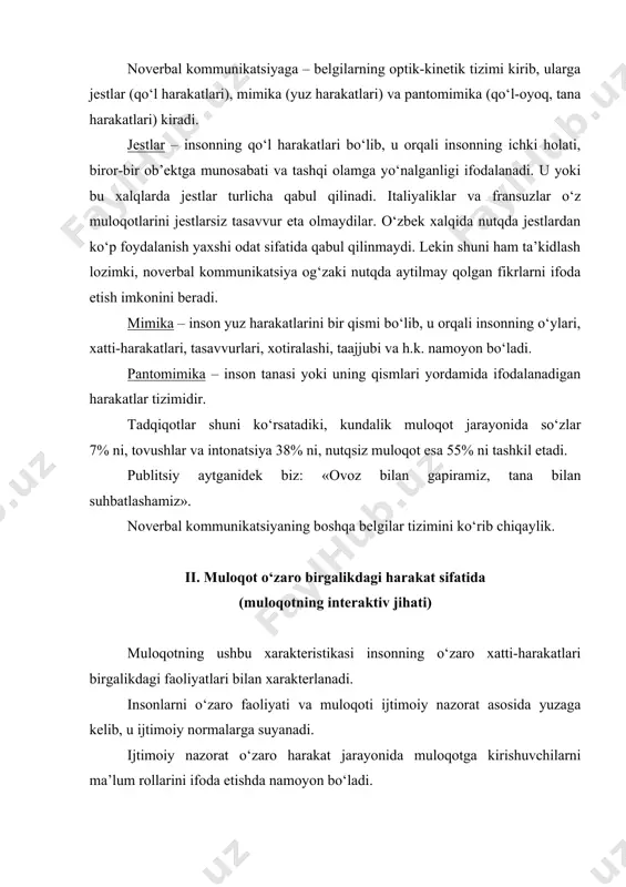 shaxslararo munosabatlarda nizo, mojaroni yuzaga keltiradi. nizo, mojaro uni yuzaga keltiruvchi omilga (turli qarash, qadriyat, motiv) mazmunga (ishchan yoki shaxsiy), effektga (ta’sir) qarab turlicha bo‘lishi mumkin. nizolar guruh ichida va guruhlararo bo‘lishi mumkin. albatta qarama-qarshilik rivojlanishning (mezonilaridan) bir tomonidir. uning o‘ziga xos inobatga olinishi lozim bo‘lgan sifati mavjud, bu: insonlar bilan muloqotdan qoniqmaslik, fikrlar qarama-qarshiligi, shaxsiy va guruhiy normalar orasidagi nomutanosiblik bo‘lishi mumkin. insondagi axloqiy barqarorlik nizo vaqtida axloqiy qaror qabul qilish imkonini beradi. nizoni bartaraf etish – munosabatlarning rivojlanishi holati bo‘lib, inson bu xarakteri bo‘yicha nizosiz emas, balki nizoga tayyor bo‘lishi lozim. zero, inson nizoni to‘g‘ri qabul qilish va unga peshvoz chiqishi lozim. nizoli vaziyatlarning ham o‘ziga xos tarbiyaviy ahamiyati mavjud. iii. muloqot insonlarni bir-birini idrok etish jarayoni sifatida (muloqotning perseptiv tomoni) ko‘p hollarda insonlarni bir-birlarini idrok etishlari «ijtimoiy persepsiya» sifatida namoyon bo‘ladi. ammo, muloqotning ushbu jihati haqida gap ketganida ijtimoiy persepsiya haqidagina emas, balki shaxslararo persepsiya haqida gapirish …
