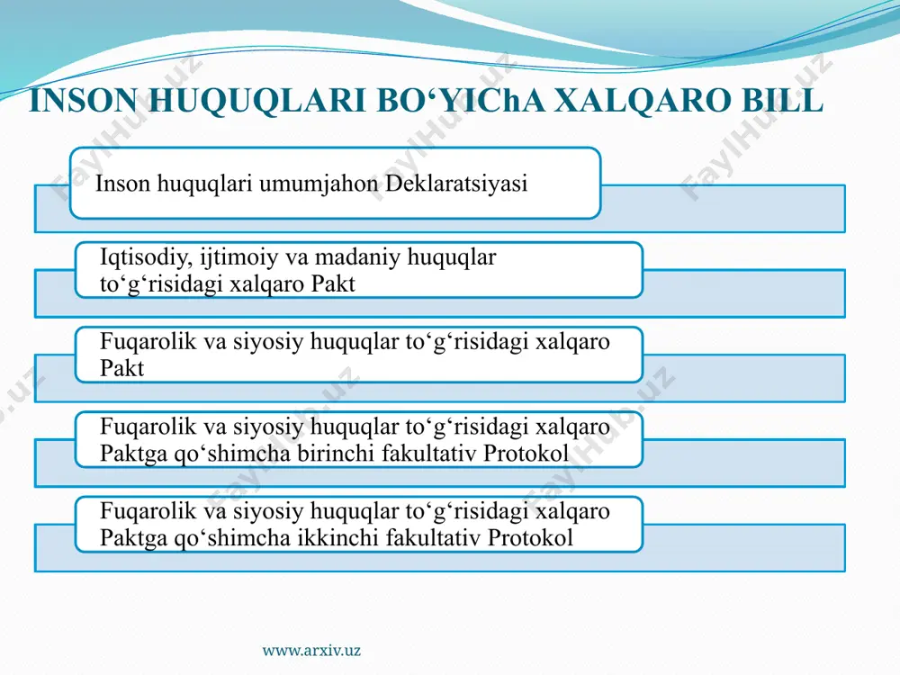 isodiy, ijtimoiy va madiniy huquqlar to’g’risidigi xalqaro paktning quyidagi xususiyatli jihatlarini ajratib ko’rsatish mumkin: birinchidan davlatlar uchun majburiy toifaga mansub bo’lgan iqtisodiy, ijtimoiy va madaniy huquqlar ro’yxati aniqlangan ikkinchidan xalqaro standartdagi huquqlarning har biri davlatlarning tegishli qonunchiligida o’z aksini topishi lozimligi shakillantirilgan uchinchidan davlatlarning e’lon qilingan huquqlarini tan olishi va t’minlashi majburiyati o’rnatilgan to’rtinchidan paktda e’lon qilingan huquqlarini amalga oshirishning mexanizimlari mustaxkamlangan www.arxiv.uz 1966 йил 16 декабрда қабул қилинган, 1976 йил 23 мартда кучга кирган. 6 қисм, 53 моддадан иборат. 1966 йил 16 декабрда халқаро пактга доир факультатив протокол қабул қилиниб, унда инсон ҳуқуқлари бўйича қўмитага ўзининг ҳуқуқи бузилган деб даъво қилаётган айрим шахсларнинг хабарларини қабул қилиш ва кўриб чиқиш имкониятини берилди. 1976 йил 23 мартда кучга кирган. 1989 йил 15 декабрда халқаро пактга доир, ўлим жазосини бекор қилишга қаратилган иккинчи факультатив протокол қабул қилинган. 1991 йил кучга кирган. халқаро пактга 174 давлат, унга доир биринчи факультатив протоколга 115 давлат, …
