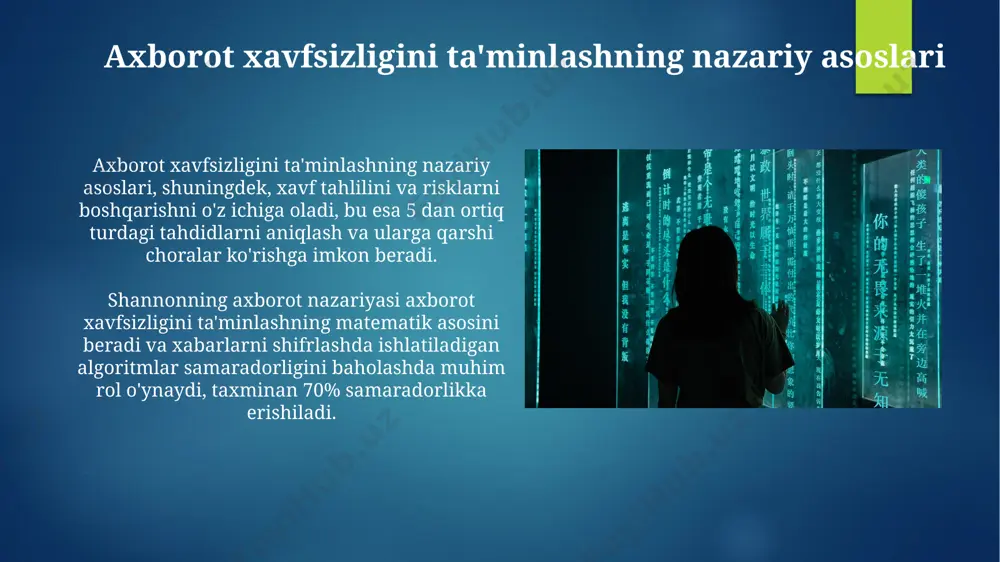 lari 3 darajali himoya modelini (tarmoq, server, ishchi stansiya) qo'llab, 100% ga yaqin himoya darajasini ta'minlashga qaratilgan bo'lishi mumkin. axborot xavfsizligini ta'minlashning istiqbollari kiberxavfsizlik bozorining 2025-yilga kelib 300 milliard dollarga yetishi prognoz qilinmoqda, bu esa yangi texnologiyalar va mutaxassislarga talabni keskin oshiradi. axborot xavfsizligini ta'minlashda sun'iy intellekt va mashinaviy o'rganish texnologiyalaridan foydalanish 2030-yilga borib, tahdidlarni aniqlash va bartaraf etish samaradorligini 30% ga oshirishi kutilmoqda. axborot xavfsizligi siyosati va standartlari iso 27001 standarti axborot xavfsizligi menejment tizimini (axmt) yaratish va sertifikatlash uchun xalqaro miqyosda tan olingan ramka bo'lib, 114 ta nazorat choralari mavjud. axborot xavfsizligi siyosati va standartlarida foydalanuvchilarning axborot xavfsizligi masalalari bo'yicha mas'uliyati, masalan, parol siyosati va xavfsizlik qoidalariga rioya qilish, aniq belgilangan bo'lishi lozim. axborot xavfsizligi tahdidlari va zaif tomonlari axborot xavfsizligi tahdidlarining 70% dan ortig'i inson omiliga, ya'ni xodimlar xatolariga yoki firibgarlik harakatlariga bog'liq bo'lib, bu esa tashkilotlar uchun katta xavf tug'diradi. ma'lumotlar bazalaridagi zaif joylarning 30% noto'g'ri …