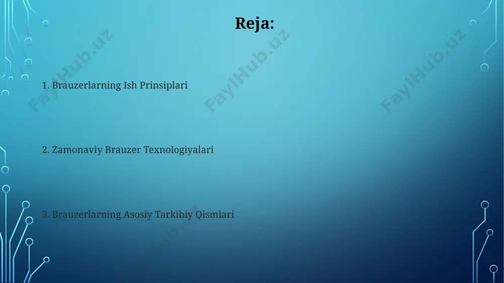 multimedia kontentini, jumladan video va o'yinlarni ko'rsatish uchun zarur bo'lgan dasturiy ta'minot komponentlari bo'lib, ularning ishlashi brauzerning umumiy tezligiga ta'sir qiladi. brauzer kengaytmalari foydalanuvchilarga brauzer funksiyalarni 20% gacha oshirish imkonini beradi, masalan, reklama blokerlari yoki parol menejerlari kabi qo'shimcha vositalarni qo'shish orqali. http so'rovi va javobi http javobi server tomonidan mijozning so'roviga javoban qaytariladigan ma'lumot bo'lib, u status kodi (masalan, 200 ok, 404 not found) va kontentni o'z ichiga oladi. http so'rovi mijoz (masalan, veb-brauzer) tomonidan serverga ma'lumotlarni olish yoki yuborish uchun yuboriladigan 200 dan ortiq turdagi xabarlardan biri hisoblanadi. zamonaviy brauzer texnologiyalari brauzerlarning yangi avlodlarida, masalan, chromium asosidagi brauzerlarda, xotira boshqaruvi algoritmlarining takomillashuvi tufayli, ram sarfini 15% gacha kamaytirish kuzatilmoqda. zamonaviy brauzerlar javascript dvigatellarining tezligi va samaradorligi jihatidan 10% dan ortiq o'sishni ko'rsatmoqda, bu esa murakkab veb-ilovalarning tezroq yuklanishiga va ishlashini yaxshilashga olib keladi. e'tiboringiz uchun rahmat @taqdimot_robot image3.jpg image4.jpg image5.jpg image6.jpg image7.jpg image8.jpg image9.jpg image2.png