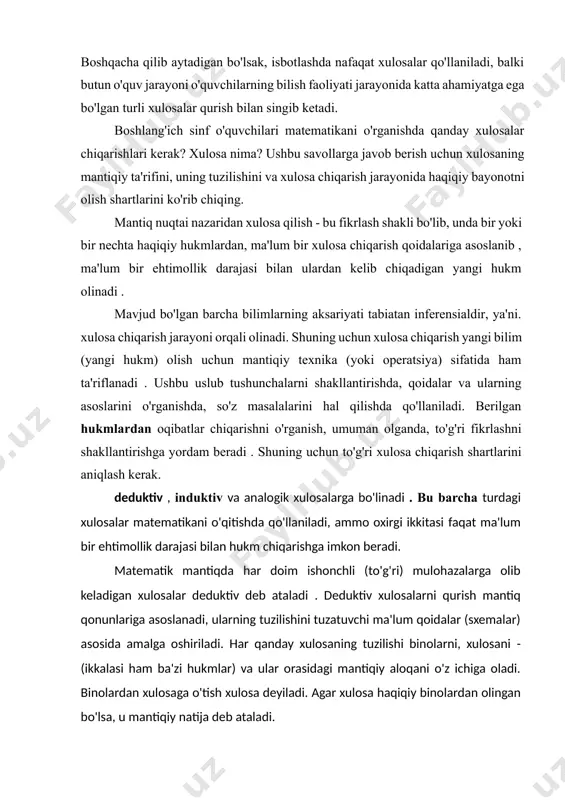langan [12, 63-bet]. an'anaviy mantiqning predmeti bo'lgan deduktiv xulosa, biz bizga allaqachon ma'lum bo'lgan umumiy pozitsiyaga asoslangan hodisani ko'rib chiqish va ushbu hodisa bo'yicha kerakli xulosa chiqarish zarur bo'lganda foydalaniladi. deduktiv xulosaning tuzilishi va uning qoidalarining majburiy tabiati, mantiqiy binolardan kelib chiqadigan xulosani qabul qilishga majburlash, moddiy olam ob'ektlari o'rtasidagi eng keng tarqalgan munosabatlarni aks ettirdi: jins, tur va individual munosabatlar, ya'ni umumiy. alohida va individual. aynan shu narsa deduktiv xulosada o'z aksini topdi: individual va xususiylik umumiy tushunchaga bo'linadi [18, p. 35]. fikrlash amaliyotini tahlil qilish orqali turli xil xulosalar chiqarish mumkin. ular farq qiladi: 1. posilkalar soni - bitta, ikkita yoki undan ko'p; 2. hukm turi - oddiy yoki murakkab; 3. hukm turi - atributiv yoki munosabat; 4. xulosaning ehtimollik darajasi - ishonchli yoki ehtimol. umuman olganda, har qanday xulosa, bu oqibatning xarakteriga, xulosa chiqarishdagi fikr poezdining yo'nalishiga qarab, ba'zi bilimlarning boshqalardan olingan mantiqiy natijasidir. inferentsial bilimlarni keyingi …