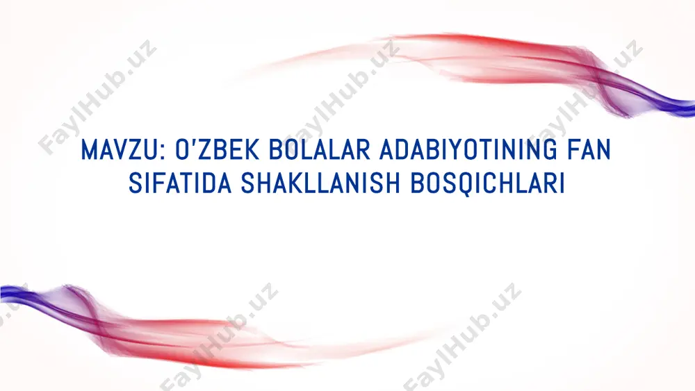 click to edit master text styles second level third level fourth level fifth level 20-asr boshlarida o’zbek bolalar adabiyotida ko’proq ma’rifatparvarlik g’oyalari yetakchilik qilsa,30-yillar bolalar adabiyotida realistik adabiyot tamoyillari ustuvor,50-60-yillar bolalar adabiyotida sarguzasht-fantastik adabiyot elementlari kuchaydi. 80-yillar bolalar adabiyotida psixologizmning kuchayishi,yosh qahramon talqinida uni yosh bola tarzida emas,hayotga tobora jadal kirib kelayotgan,o’z qarashlariga ega bo’lgan shaxs sifatida tasvirlashga intilish ruhi mavjud. click to edit master text styles second level third level fourth level fifth level o”zbek bolalar adabiyoti taraqqiyotida 90-yillar yangilanish davri bo’ldi.istiqlol sharofati bilan milliy,madaniy,adabiy va diniy qadriyatlarning tiklanishi bolalar adabiyoti namoyondalari ijodida ham sezilarli ta’sir qildi,ularning asarlarida haqiqiy o’zbek qiyofasi tasviri yetakchi o’rin egallay boshladi. click to edit master text styles second level third level fourth level fifth level etboriz uchun raxmat image3.png image4.png image2.png