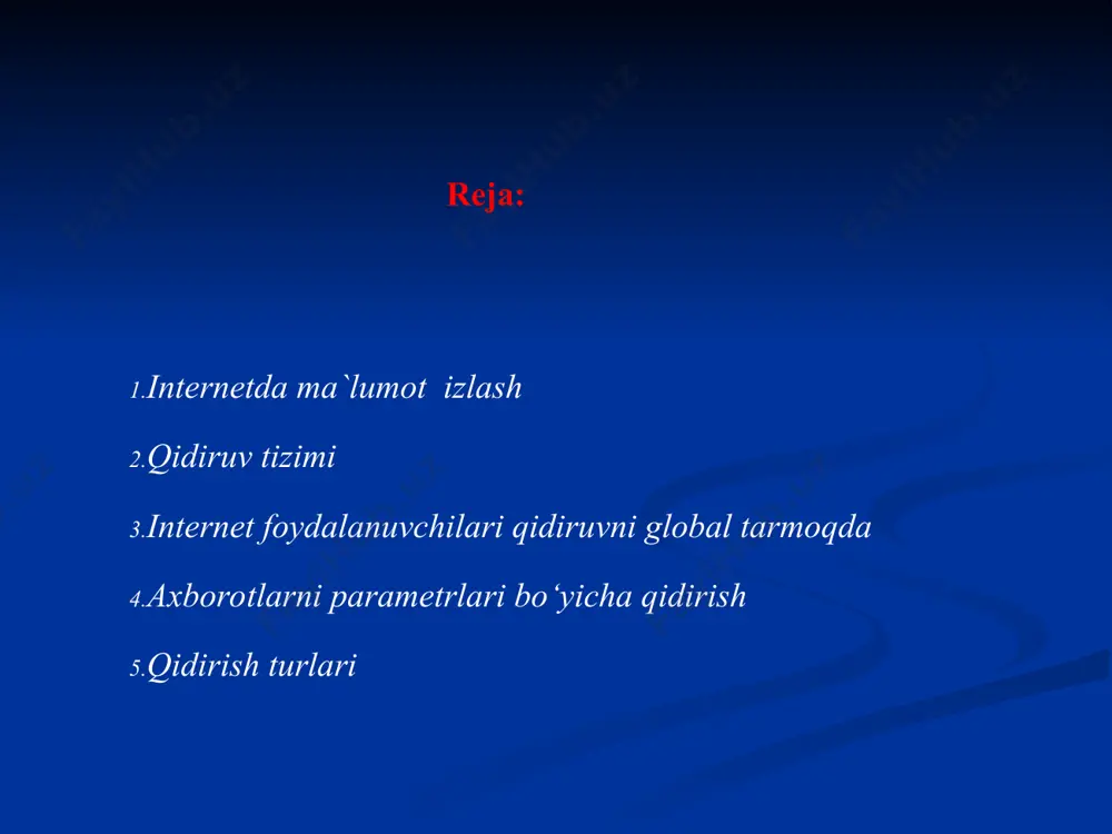 borotni ma'lum parametrlar bo‘yicha qidirish tavsiya qilinadi. bular quyidagilardan iborat: ma'lumotlarni uning tili bo‘yicha qidiruv; ma'lumotlarni uning turi (matn, rasm, musiqa, video) bo‘yicha qidiruv; ma'lumotlarni uning joylashgan mintaqasi bo‘yicha qidiruv; ma'lumotlarni uning joylashtirilgan sanasi bo‘yicha qidiruv; ma'lumotlarni uning joylashgan internet hududi bo‘yicha qidiruv; ma'lumotlarni xavfsiz qidiruv. qidirish turlari internet tarmog‘ida turli ma'lumotlar, fayllar mavjud. dearli ularning har bir turini qidirib topishga mo‘ljallangan alohida tizimlar ishlab turibdi. masalan, odamlarni, kino yoki musiqani, rasmlarni alohida qidirish imkoniyati bor. global tarmoqda grafik ma'lumotlarning ko‘plab turlari uchraydi, ya'ni: chizma (vektor), foto (rastr), harakatlanuvchi (animatsiya) hamda siqilgan rasmlar. rasm ko‘rinishidagi ma'lumotlarni faqatgina uning nomi yoki turi bo‘yicha qidirib topish mumkin. ko‘pgina internet qidiruv tizimlari grafik yoki tasvir ko‘rinishidagi ma'lumotlarni axtarish uchun alohida bo‘lim va funksiyalarni joriy etgan. bunday tartibdagi ixtisoslashuv izlanayotgan ma'lumotning tez va aniq topilishiga ko‘maklashadi. milliy axborot-qidiruv tizimi albatta, yurtimizda internetning taraqqiy etishi va milliy segment hajmining oshib borishi milliy axborot-qidiruv tizimlarini yo‘lga …