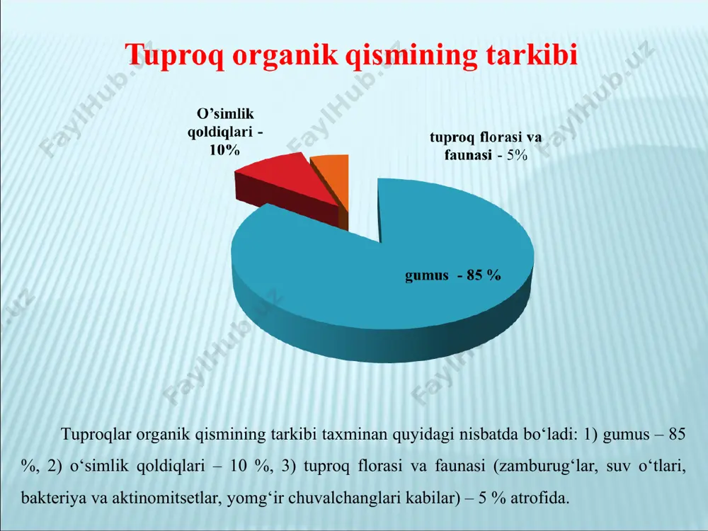 mmni tashkil etadi. tuproq eritmasi tarkibidagi mineral va organik –mineral moddalar odatda, ionlar, molekulalar va kolloidlar shaklida saqlangan bo‘ladi. bundan tashqari, tuproq eritmasi tarkibida сo2, o2 singari erigan gazlar ishtirok etadi. tuproq eritmasi tarkibida mineral birikmalarning anionlaridan: hso-3, so32-, no3-,no-2,so42, ci-, h2po–4, hpo24– va kationlaridan: ca+, mg2+, na+, nh+4, k+, h+ singarilar bo‘ladi. shuningdek , kuchli nordon tuproqlarda ai3+, fe3+, botqoqlangan tuproqlarda esa g‘ye2+ bo‘lishi mumkin. tuproq eritmasidagi temir va alyuminiy asosan organik moddalar bilan mustahkam kompleks birikmalar holidadir. tuprok eritmasining reaksiyasi aktual yoki aktiv ishkoriy xarakterga ega bulib, tuprokda kechadigan kimyoviy fizik-kimyoviy va biologik jarayonlarning borishiga shunigdek, o‘simliklaring o‘sib, rivojlanishga katta ta'sir etadi. tuprok eritmasining osmotik bositmi o‘simliklar xayotida muhim ahamiyatga ega. osmotik bosim tuprok eritmasining konsentratsiyasiga va unga erigan moddalarning dissotsilanish darajasiga boglik. tuprok eritmasidagi eng yukori osmotik bosim sho‘rhoklarda buladi. e’tiboringiz uchun rahmat !