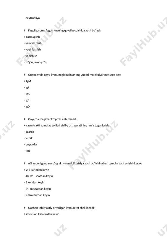 ik reaksiyalarga javobgar: + jg e - jg a - jg j - jg m - jg d # anafilaksiya nima: + organizmni begona oqsilni kayta parenteral tushishiga kuchaygan va sifat jixatdan o‘zgargan sezuvchanligi - organizmni byog‘ona oqsilga kuchaygan sezuvchanligi - organizmni byog‘ona oqsilga sifat jixatdan o‘zgargan sezuvchanligi - byog‘ona oqsilni birlamchi tushishiga kuchaygan sezuvchanlik - bu to‘qimalar ko‘chirib o‘tkazilgandan keyin yuzaga keladigan reaksiyadir # qanday kasallik va patologik jarayonlar allergiyaning tezkor turiga kiradi: + anafilaksiya, pollinozlar - bronxoektaziya - qontakt dermatit - transplantatni kuchishi - tuberkulin sinovi # qanday maxalliy o‘zgarishlar allergiyaning tezkor turiga xos: + terini bo‘rtishi, giperemiya hamda neytrofil va eozinofillar bilan infiltrasiyasi - mayda toshmalar, eritema va limfotsitlarga boy zich infiltrat - limfotsitlar vositasi bilan kuchirib o‘tkazash - immunoglobulinlarni kamayishi - to‘qima nekrozi # quyidagilarni qaysi biri immunologik tolerantlikga xos: + immun javob bermaslik - xar xil ta’sirotlarga organizm tomonidan javob reaksiyasini bo‘lmasligi - infeksion kasalliklarga …