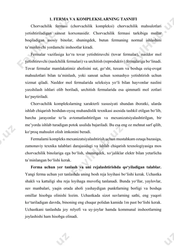 noning eng chuqur polidan kamida 1m past bo‘lishi kerak. uchastkani tanlashda joy relyefi va uy-joylar hamda kommunal inshootlarning joylashishi ham hisobga olinadi. chorva boqiladigan bino o‘rta va shimoliy qismida meridian yo‘nalishda, janubiy zonalarda esa kengliklar yo‘nalishida joylashtiriladi. binoning uzun o‘qi asosiy yo‘nalishdan har ikki tomonga 30° gacha og‘ishi mumkin. bino doimiy shamolga nisbatan yoni bilan yoki burchaklaridan biri bilan qaratib joylashtiriladi. binolar orasidagi masofa ferma hududining tabiiy havo oqimi bilan tozalanib turishi uchun yetarli bo‘lishi kerak. loyihalashda yo‘llarning uzayib ketmasligi va qurilishni arzonlashtirish uchun fermaning ixcham bo‘lishiga intilish, shu bilan birga binolar orasidagi masofalarni belgilashda sanitariya-veterinariya talablarini va yong‘in xavfini ham hisobga olish kerak. sanitariya va yong‘in jihatidan xavfli bo‘lgan veterinariya binolari, yonilg‘i, mineral o‘g‘itlar saqlanadigan omborlar va boshqa obyektlar fermadan kamida 300 m uzoqlikda shamolga teskari tomonda va eng past joyda quriladi. binolar orasidagi loyihada ko‘rsatilgan oraliqlar har vaqt mahalliy sanitariya organlari tasdig‘idan o‘tkaziladi. ozuqa sexlari, ozuqa omborlari va …