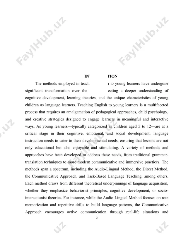 ve and immersive practices. the methods span a spectrum, including the audio-lingual method, the direct method, the communicative approach, and task-based language teaching, among others. each method draws from different theoretical underpinnings of language acquisition, whether they emphasize behaviorist principles, cognitive development, or socio-interactionist theories. for instance, while the audio-lingual method focuses on rote memorization and repetitive drills to build language patterns, the communicative approach encourages active communication through real-life situations and interactions, fostering an environment where language is learned through use rather than mere form. moreover, the increasing recognition of the importance of learner-centered approaches has led to the rise of more dynamic methodologies that prioritize the development of young learners' critical thinking, creativity, and autonomy in their language learning journey. these methods incorporate play, storytelling, songs, games, and multimedia tools to create an immersive learning environment. furthermore, as the role of technology in education continues to expand, digital …