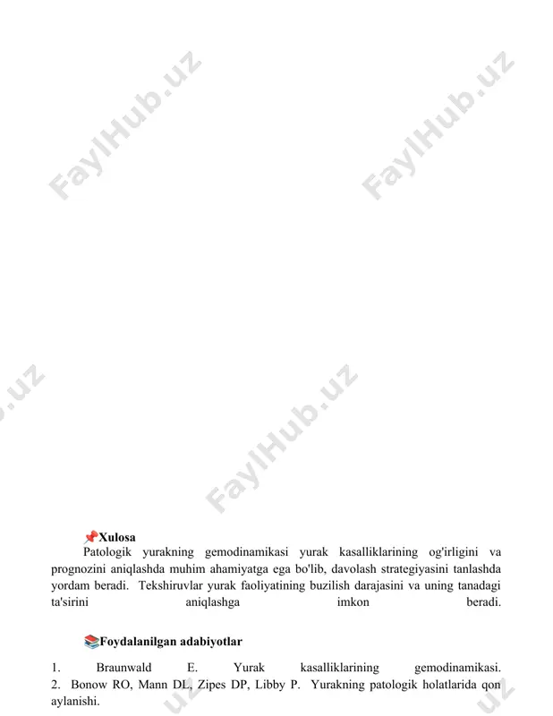 i. 📚foydalanilgan adabiyotlar 1. braunwald e. yurak kasalliklarining gemodinamikasi. 2. bonow ro, mann dl, zipes dp, libby p. yurakning patologik holatlarida qon aylanishi. 3. katzung bg. farmakologiya va terapiya asoslari. yurak kasalliklarida dorilarning gemodinamik ta'siri bo'limi. 4. guyton ac, hall je. inson fiziologiyasi