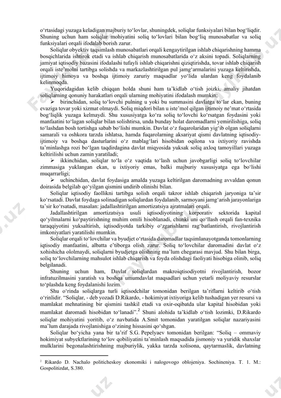 iy jarayonlarni harakatga keltirishdagi mohiyati va ahamiyatini ifodalab bera olmaydi. buning sababi soliqlarni soliq oluvchi va soliq to‘lovchilar o‘rtasidagi obyektiv pul munosabatlarini emas, balki yangi qiymatni yuzaga keltirishda namayon bo‘ladigan pul munosabatlarida o‘z aksini topadi. shuning uchun ham ularni majburiy to‘lovlar sifatida yuzaga kelishida daromad, foyda, mol-mulk, qiymat taqsimoti muhim manba va soliq obyektlari rol o‘ynaydilar. bu borada shuni ham izohlab o‘tish kerakki, soliqlarni majburiyligi ham ularning mohiyatini emas, balki ularga xos bo‘lgan demokratik xususiyatni aks etiradi, xolos. buni soliqlarga xos majburiylik xususiyatlari huquqiy me’yorlarga asoslanadi. bunday huquqiy me’yorlar davlatlarning parlamentlari tomonidan o‘rganiladi va jamiyat manfaatlariga molik darajada yetkazilishi orqali qabul qilinishi mumkin. [1: gataulin sh.k. soliqlar va soliqqa tortish. t.: o‘zb.r.dsq, 1996. 4 b.] shunday qilib soliqlar o‘z mohiyatidan kelib chiqib yangi qiymatni yuzaga keltirishi bilan bog‘liq pul munosabatlarini ifodalaydi. demak, soliqlar mohiyatida yangi qiymatni yuzaga keltirishi bilan bog‘liq pul munosabatlari yotadi. shuningdek, ular moliyaning tarkibiy qismi bo‘lib, uzoq …