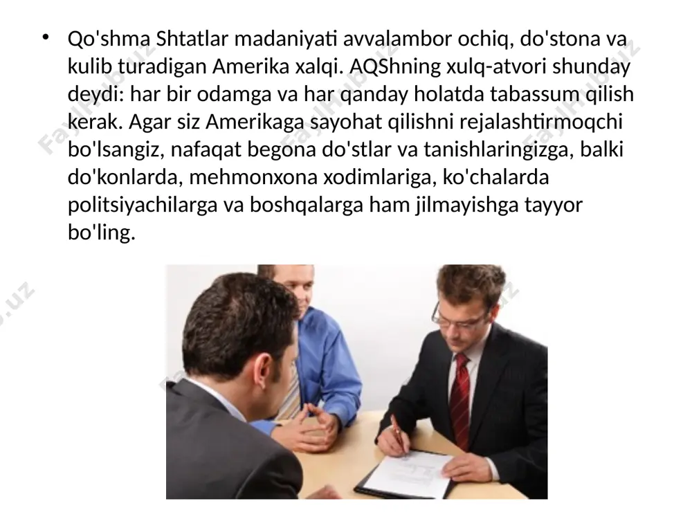 atga erishishdan so'ng do'stlar darhol harakat qilishadi. har bir aqsh fuqarosi butun do'stlar bilan o'zini qurshovga olishga harakat qilmoqda. do'stlar kategoriyasida amerikaliklar hamma taniqli, ammo samimiy odamlarni oladilar. aqsh madaniyati umuman do'sti, do'sti kabi tushunchalarni bilmaydi - bu mamlakatda ularning hammasi do'st deb hisoblangan. amerika do'stlari bilan gaplashib olaylik. agar sizni ular yoqtirsa, siz allaqachon ularning do'sti edingiz. agar siz aqshning axloqiy va madaniyatiga qarshi turishni istamasangiz, barcha amerikalik do'stlarni do'stingiz deb hisoblang. biroq do'stona muloqot sohasida aqsh etiketining boshqa xususiyatlari ham mavjud. amerikalik etiket hatto eng yaqin do'sti yoki qarindoshini ogohlantirmasdan ziyorat qilishni taqiqlaydi. amerikalik bir necha kun oldin ukasi oldiga kelishi haqida ogohlantirmasdan turib, akasining oldiga bir necha daqiqa qochib ketolmaydi. aytgancha, aqsh etiketi telefon aloqasi sohasida juda qat'iydir. amerikaga borganingizda, uni mahalliy aholi bilan tanishib, uning telefon raqamini bilib, suhbatga chaqirish uchun boshingizga kiritmang - yomon odam deb hisoblanasiz. aqshda siz do'stlaringizni faqatgina ular uchun muhim masala …