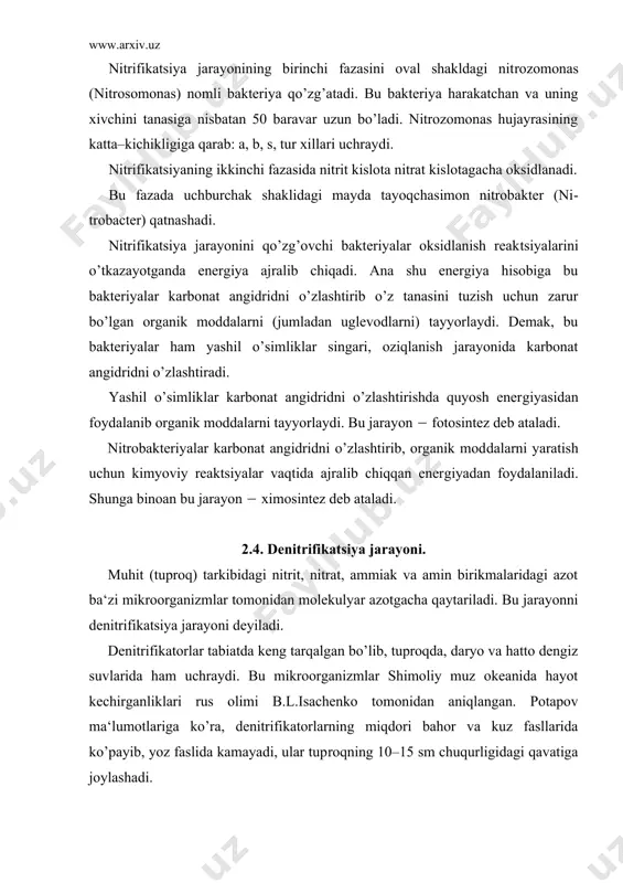 yadi. shu sababli ular qishloq xo’jaligiga ziyon keltiruvchi jara​yonni qo’zg’ovchi mikroorganizmlar qatoriga kiradi. denitrifikatsiya jarayoni quyidagi ikki xil ko’rinishda yuz be​radi: a) nitrat kislota bilan amid birikmalari o’rtasida ro’y bergan re​aktsiyalar vaqtida azot erkin holda ajralib chiqadi, natijada tuproq tarkibidagi nitratlar miqdori kamayadi; bu shakldagi denitrifikatsiya jarayonida tirik mikroorganizm (bakteriya) lar qatnashmaydi; b) denitrifikatsiya jarayonining ikkinchi xili turli–tuman bakteriyalar-ning ishtirokida o’tadi, ular molekulyar azotdan tashqari ko’p miqdorda со2 gazi ajratadi, bu reaktsiya natijasida to’plangan karbonat tuzlari hisobiga muhit (tuproq) ning ishqoriylik xususiyati kuchayadi. denitrifikatorlar fakultativ anaerob organizmlar bo’lib, ular aerob sharoitda uglevod, spirt, organik kislota va boshqa organik bi​rikmalar bilan oziqlanayotganida, bu birikmalarni oksidlash uchun er​kin kisloroddan foydalaniladi. anaerob sharoitda yashagan vaqtida esa moddalarni oksidlash uchun nitratlar tarkibidagi kislorodni sarflaydi. shu paytda nitrat tarki​bidagi azot elementi ammiak va molekulyar azotgacha qaytariladi. yuqorida aytib o’tilgan oksidlanish reaktsiyalari natijasida hosil bo’lgan energiya denitrifikatorlarning hayot faoliyatida sarflanadi. 2.5. denitrifikatsiyaga qarshi kurash. tuproqdagi nitrat …