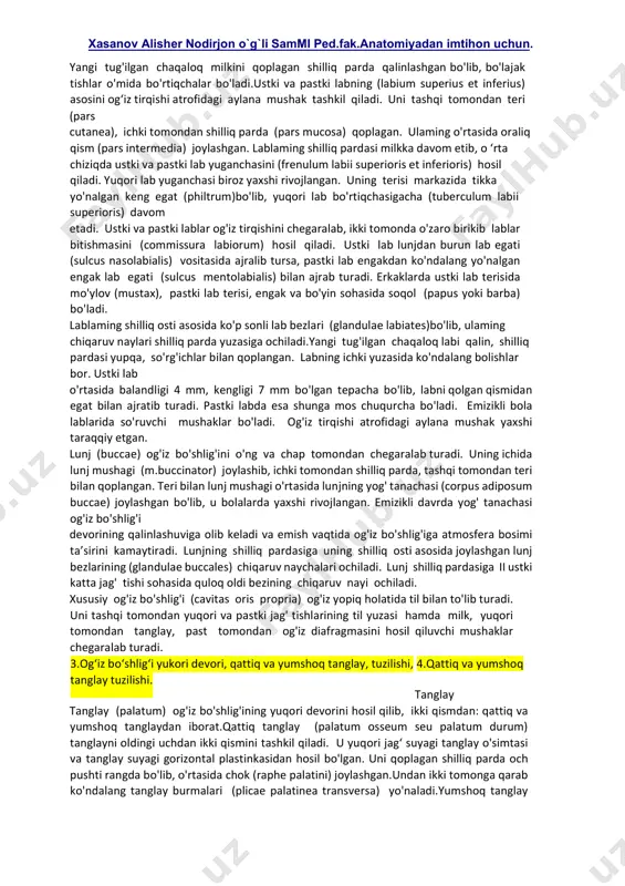 ing tanglay plastinkasi birikmay qolsa, bo'ri og'iz (palatum fissum) hosil bo'ladi. 2.og‘iz dahlizi, lablar, lunj, milklar tuzilishi, rivojlanish anatomiyasi. og‘iz bo'shlig'i og'iz bo'shlig'i (cavitas oris, grekcha— stoma) hazm a’zolari tizimining boshlang'ich qismi. og'iz bo'shlig'i pastdan og'iz diafragmasi (diaphragma oris), yuqoridan qattiq va yumshoq tanglay, yon tomondan lunjlar, old tomondan lablar bilan chegaralansa, orqada tomoq teshigi (fauces) vositasida halqum bilan qo'shiladi. tishlar va jag'laming alveolar o'simtalari og'iz bo'shlig'ini ikki: og'iz dahlizi va xususiy og'iz bo'shlig'iga ajratadi.og'iz dahlizi (vestibulum oris) tashqi tomondan lablar va lunj bilan,ichki tomondan esa tishlar va milk bilan chegaralanadi. og'iz dahliziga kirish og'iz tirqishi (rima oris) lablar bilan chegaralanadi.yangi tug'ilgan chaqaloqda tishlar bo'lmagani hamda jag'laming alveolar o'simtasi yaxshi rivojlanmagani uchun og'iz bo'shlig'i kichik bo'lib, og'iz dahlizilablar, lunjlar va milk qirralari o'rtasida joylashgan tor yorig'dan iborat. milk (gingiva) yuqori va pastki jag'laming alveolar o'simtasini qoplagan shilliq parda. u juda qalin va pishiq bo'lib, tish bo'ynini o'rab oladi va suyak …