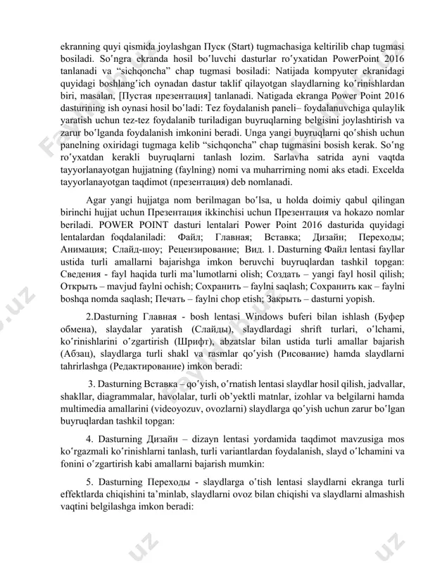 mumkin. power point dasturining imkoniyatlari quyidagilardan iborat:: • taqdimot (prezentatsiya) va slaydlar tashkil qilish; • rasm va grafiklarni slaydlarga joylashtirish; • web uchun taqdimot (prezentatsiya) tashkil qilish; • internetda hamkoplikda ishlash; • ms office dasturlari bilan hamkoplikda ishlash. power point 2016 dаsturini ishga tushirish power point 2016 dаsturini yuklаshdаn оldin windows 10 аmаliyot tizimi dаsturini yuklаsh lоzim. bu esа sоddа, yа’ni hоzirgi pаytdа kоmpyuter yuklаnishi bilаn аmаlgа оshаdi. power point dаsturini yuklаsh jаrаyoni quyidаgichа: “sichqоnchа” ko‘rsаtkichi ekrаnning quyi qismidа jоylаshgаn пуск (start) tugmаchаsigа keltirilib chаp tugmаsi bоsilаdi. so‛ngra ekranda hosil bo‛luvchi dasturlar ro‛yxatidan powerpoint 2016 tanlanadi va “sichqоnchа” chap tugmasi bosiladi: natijada kompyuter ekranidagi quyidagi boshlang‛ich oynadan dastur taklif qilayotgan slaydlarning ko‛rinishlardan biri, masalan, [пустая презентация] tanlanadi. natigada ekranga power point 2016 dasturining ish oynasi hosil bo‛ladi: tez foydalanish paneli– foydalanuvchiga qulaylik yaratish uchun tez-tez foydalanib turiladigan buyruqlarning belgisini joylashtirish va zarur bo‛lganda foydalanish imkonini beradi. unga yangi buyruqlarni qo‛shish …