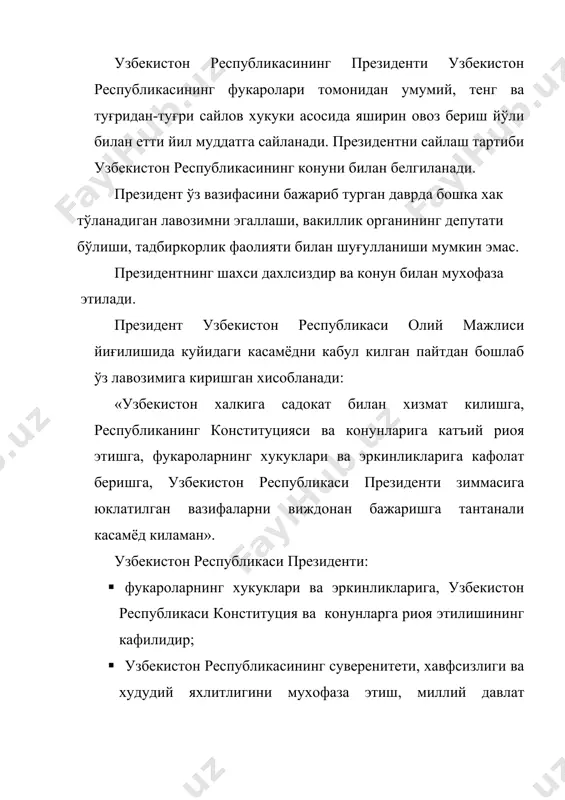 ахар хокимини тайинлайди ва лавозимидан озод этади, кейинчалик бу масалаларни тегишли халк депутатлари кенгашларининг тасдиғига киритилади. конститутцияни, конунларни бузган ёки ўз шаъни ва кадр -кимматига доғ туширадиган хатти-харакат содир этган туман ва шахар хокимларини президент ўз карори билан лавозимидан озод этишга хакли; · республика давлат бошкарув органларининг, шунингдек хокимларнинг кабул килган хужжатларини тўхтатади, бекор килади; · узбекистон республикасининг конунларини имзолайди ва эълон килади; конунга ўз эътирозларини илова этиб, уни такроран мухокама килиш ва овозга кўйиш учун узбекистон республикаси олий мажлисига кайтаришга хакли; · узбекистон республикасига хужум килинганда ёки тажовуздан бир-бирини мудофаа килиш юзасидан тузилган шартнома мажбуриятларини бажариш зарурияти туғилганда уруш холати эълон килади ва кабул килган карорини уч кун ичида узбекистон республикаси олий мажлиси палаталарининг тасдиғига киритади; · фавкулотда вазиятлар (реал ташки хавф, оммавий тартибсизликлар, йирик халокат, табиий офат, эпидемиялар) юз берган такдирда фукароларнинг хавфсизлигини таъминлашни кўзлаб, узбекистон республикасининг бутун худудида ёки унинг айрим жойларида фавкулотда холат жорий этади ва …