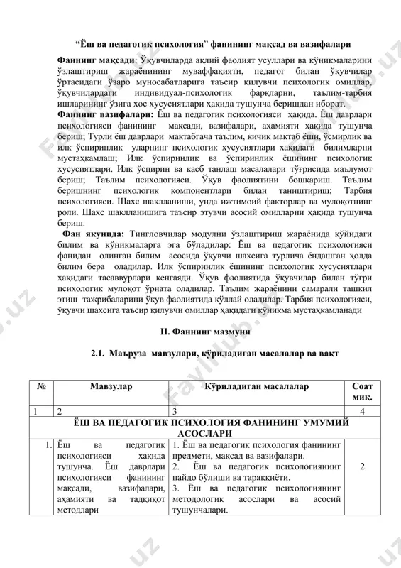 унга таъсир этувчи омиллар. 3.илк успиринликда тарбия жараёнининг узига хослиги. 2 4. таълим психологияси. ўқув фаолиятини бошқариш. 1. таълимнинг психологик асослари 2. укув фаолиятининг сензетивлик жихати ва уни бошкариш 3. талим беришнинг психологик компонентлари. 4. ўљитувчи психологияси. 2 5. тарбия психология-си. шахс шаклланиши, унда ижтимоий факторлар ва мулоқотнинг роли. шахс шаклланишига таъсир этувчи асосий омиллар 1. шахс,ижтимоийлашуви. 2. шахс шаклланишида ижтимоий табиий биологик факторлар. 3. шахс шаклланиши ва мулоқот. 2 6. ёш ва педагогик психологияда психологик-педагогик ташхис мето-дикалардан фойдаланиш ва таълим-тарбия жараён-ларида унинг афзал-ликлари. 1. психологик-педагогик ташхис ва диогностик методлар. 2. психологик-педагогик ташхис мето-дикалардан фойдаланиш ва таълим-тарбия жараёнларида унинг њзига хослиги. 2 жами 12 2.2. амалий машғулотлар мавзулари, бажариладиган иш мазмуни, вақт. № мавзулар кўриладиган масалалар соат миқ. 1 2 3 4 1. тарбия психологияси. шахс шаклланиши, унда ижтимоий факторлар ва мулоқотнинг роли. шахс шаклланишига таъсир этувчи асосий омиллар 1. тарбия психологиясининг мазмун мохияти 2. шахсни шаклланишига таъсир этувчи омиллар …