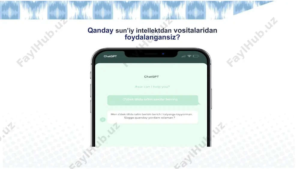 ’lumotlarni solishtirish kerak. si’dan olingan ma’lumotlarni to‘liq ko‘chirib ishlatish – bu ilmiy yoki etik jihatdan noto‘g‘ri. ma’lumotlarni o‘z fikringiz bilan qayta ishlang, manbalarni ko‘rsating. ma’lumotlarning ishonchliligini tekshirish plagiat va mualliflik huquqlarini buzilishi si’ga o‘zingiz va boshqalarning shaxsiy ma’lumotlarini kiritmang. bu — ma’lumot xavfsizligi buzilishiga olib kelishi mumkin. si o‘qituvchining o‘rnini bosa olmaydi. tanqidiy fikrlash, pedagogik tajriba va insoniy yondashuv asosiy rol o‘ynaydi.si faqat yordamchi vosita bo‘lishi kerak. shaxsiy va maxfiy ma’lumotlarni kiritmaslik sun’iy intellektga haddan tashqari ishonmaslik si orqali “tayyor javoblar”ni olish o‘rganish jarayoniga zarar yetkazishi mumkin. buning o‘rniga si’dan maslahat olish, tushunmagan joyini tushuntirish uchun foydalanish tavsiya etiladi. har qanday qarorni insonning o‘zi qabul qilishi kerak. si tavsiya bera oladi, lekin hal qiluvchi qaror qabul qila olmaydi. akademik halollikka rioya qilish har doim inson nazorati ostida bo‘lishi ta’limda sun’iy intellekt 11 o‘qituvchilar o‘quv materiallarini tayyorlash, avtomatik baholash va b. ta’lim sifatini oshirish zamonaviy interaktiv o‘quv materiallari hamda real vaqtda …