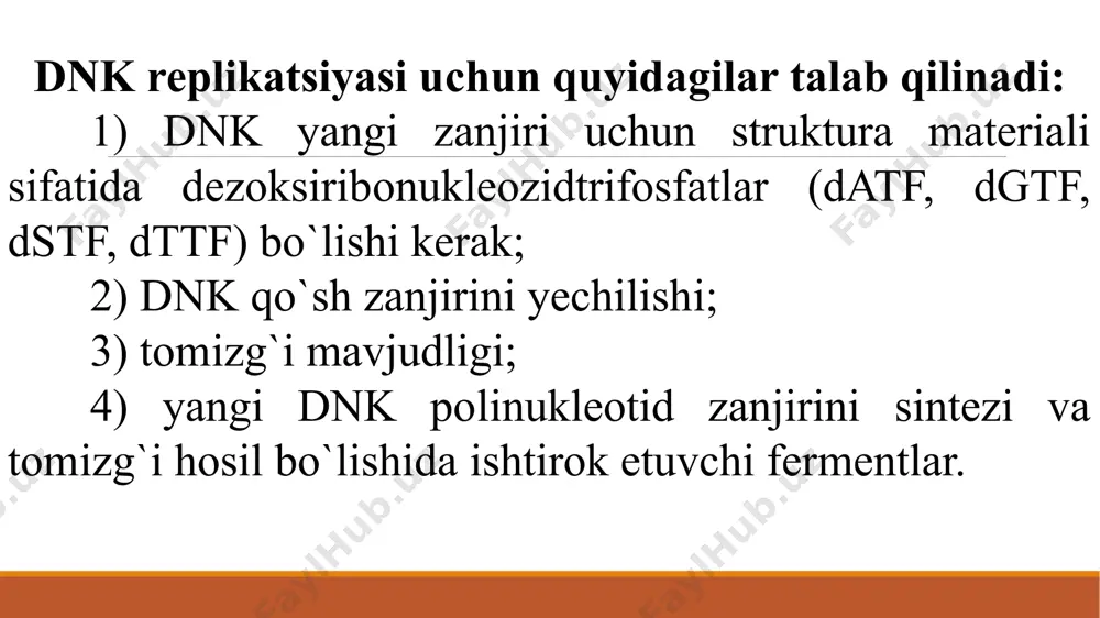 as. hosil bo`lgan rnk zanjiri (praymer) nihoyasidagi ribonukleotidning 3¹ oxiri dnk sintezida uchun tomizg`i vazifasini bajaradi. dnk matritsasida rnk qisqa zanjirini sintezi tugaganidan keyin ferment dnk dan ajraladi. shu guruhga dnk-polimeraza iii yordamida bittadan dezoksiribonukleotidlar ulansa dnk sintezi 5¹→ 3¹ yo`nalishda davom etadi (zanjir elongatsiyasi) va rnk-dnk gibridli zanjiri hosil bo`ladi. dnkpolimeraza iii dnk ning qisqa fragmentlari (okazaki fragmentlari)ni – replikativ ayrining boshqa ona zanjiridan sintezlaydi. dnk-polimeraza iii sintez davomida nukleotidlarni noto`g`ri juftlashgandagi xatolarini tuzatishi mumkin. agar xatolik ro`y bersa, xatonukleotid o`sha zahotiyoq fermentning nukleazali faolligi hisobiga parchalanadi, yangi nukleotidlar to`g`ri juftlashganda uning mavjud bo`lgan dnk fragmentiga biriktiradi. rnk-tomizg`i dnk-polimeraza iii ta’sirida maxsus ribonukleaza h yoki dnk polimeraza i yordamida to`liq ajralib chiqadi. rnk-tomizg`i egallagan joyda dnk-polimeraza i yordamida dnk zanjiri o`sa boshlaydi. sintezlangan dnk fragmentlari (okazaki fragmentlari)ni birikishi 3¹→ 5¹ yo`nalishida dnkligaza yordamida amalga oshadi. keyingi tekshirishlar dnk sintezining initsiatsiyasi yana ham murakkab ekanligini ko`rsatdi. praymaza ta’siri oldidan kamida …